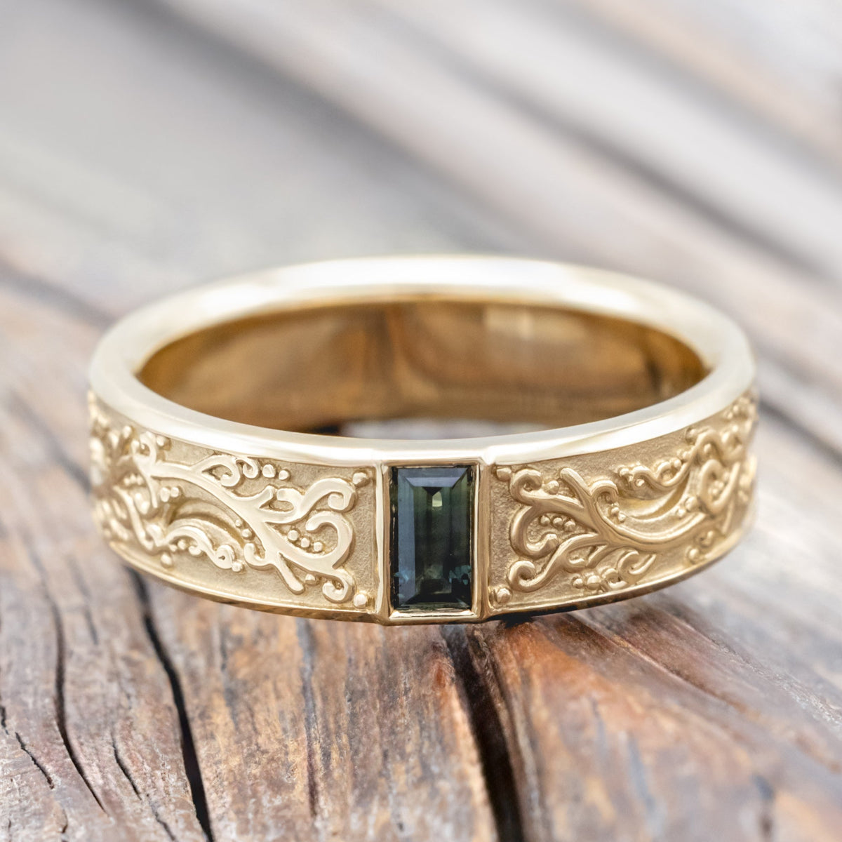 "Selene" Masculine Band - Baguette Cut Australian Sapphire Engagement Ring With Vine-Style Filigree
