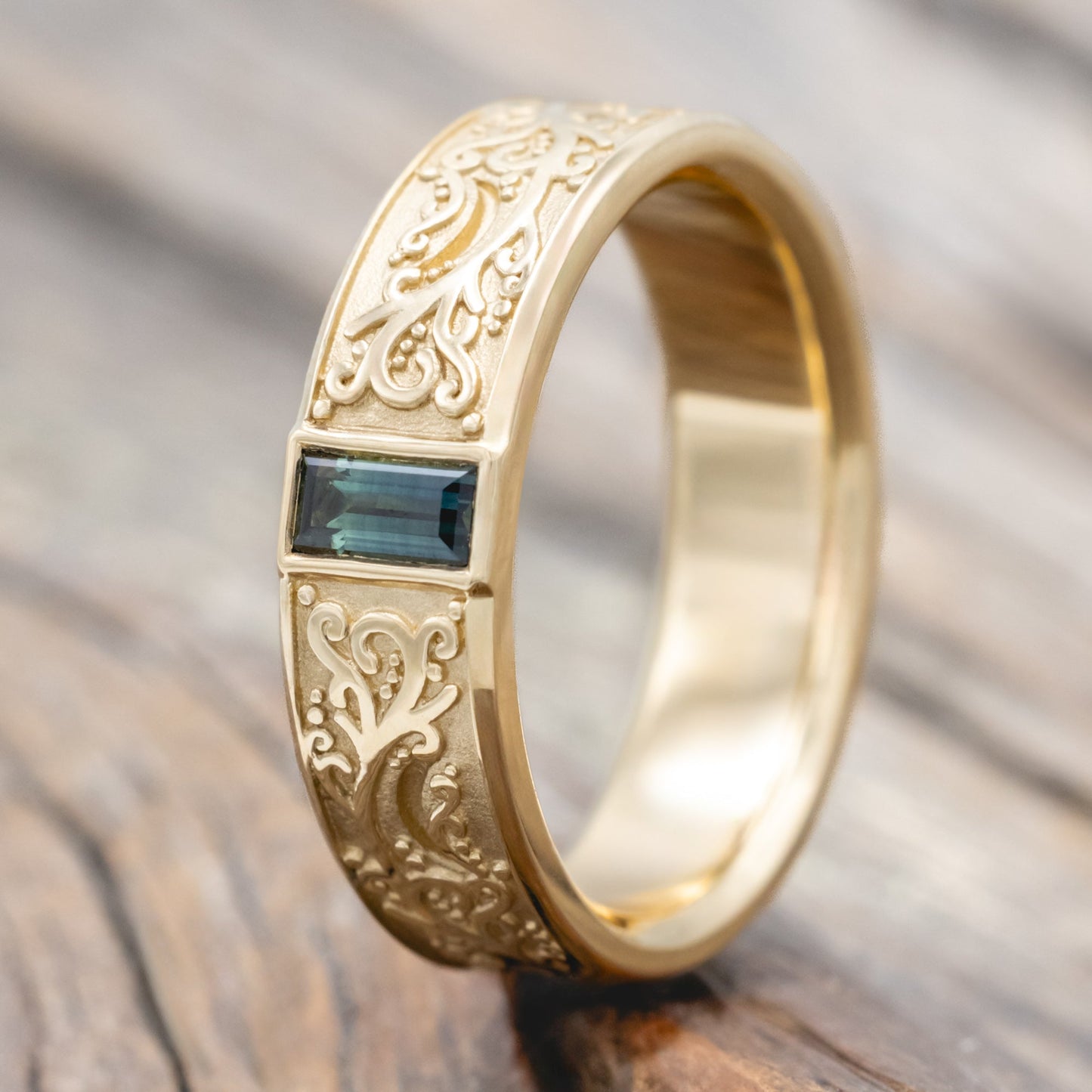 "Selene" Masculine Band - Baguette Cut Australian Sapphire Engagement Ring With Vine-Style Filigree