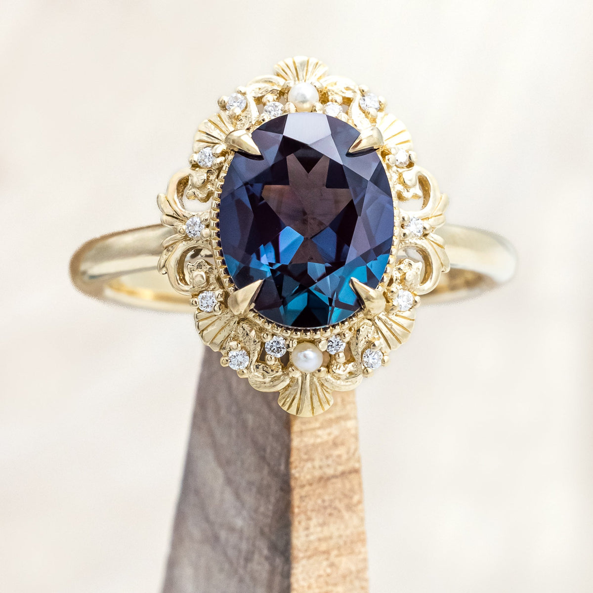 "Merrow" - Lab-Grown Alexandrite Engagement Ring With Pearl Accents And Diamond Tracer