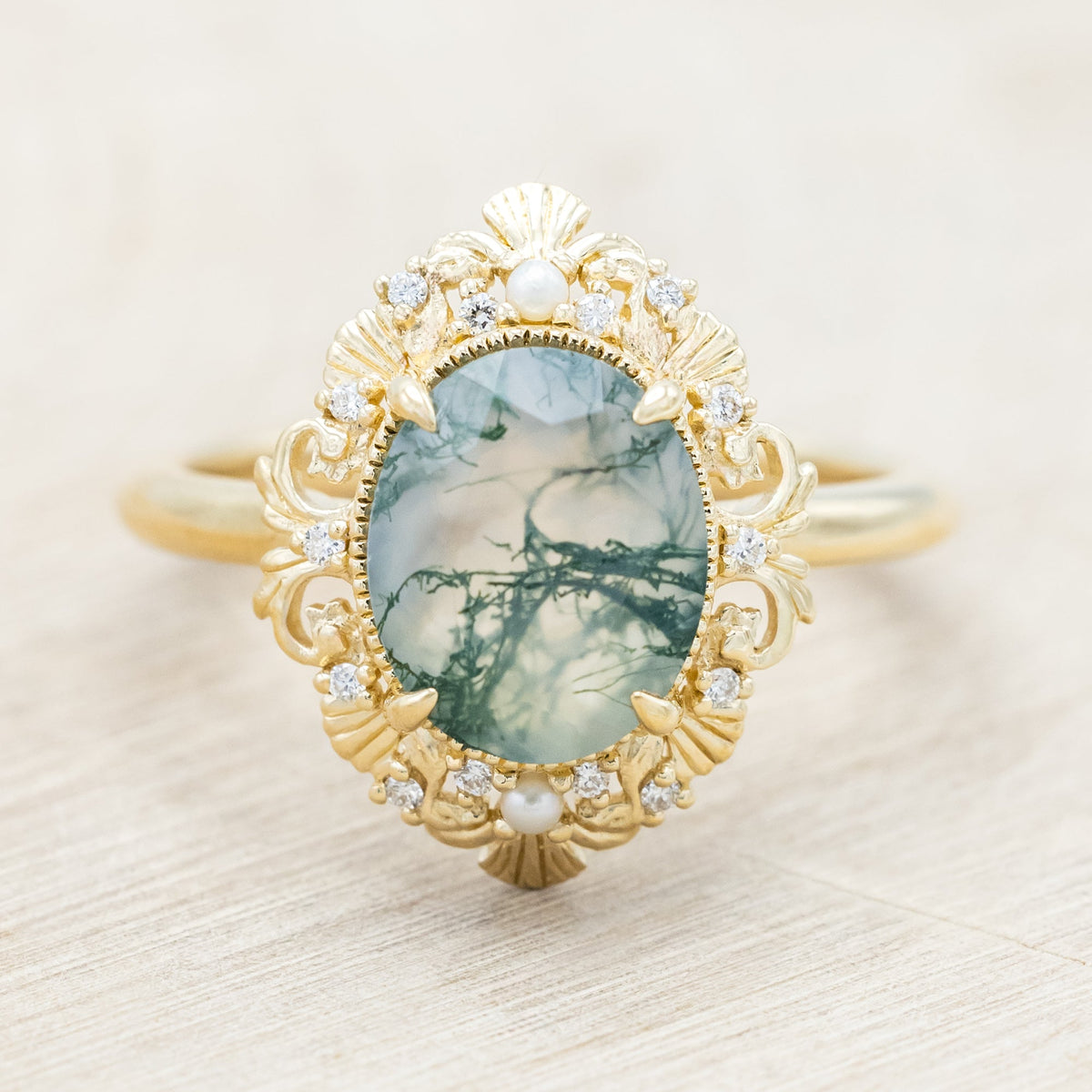 "Merrow" - Oval Cut Moss Agate Engagement Ring With Pearl Accents And Diamond Tracer