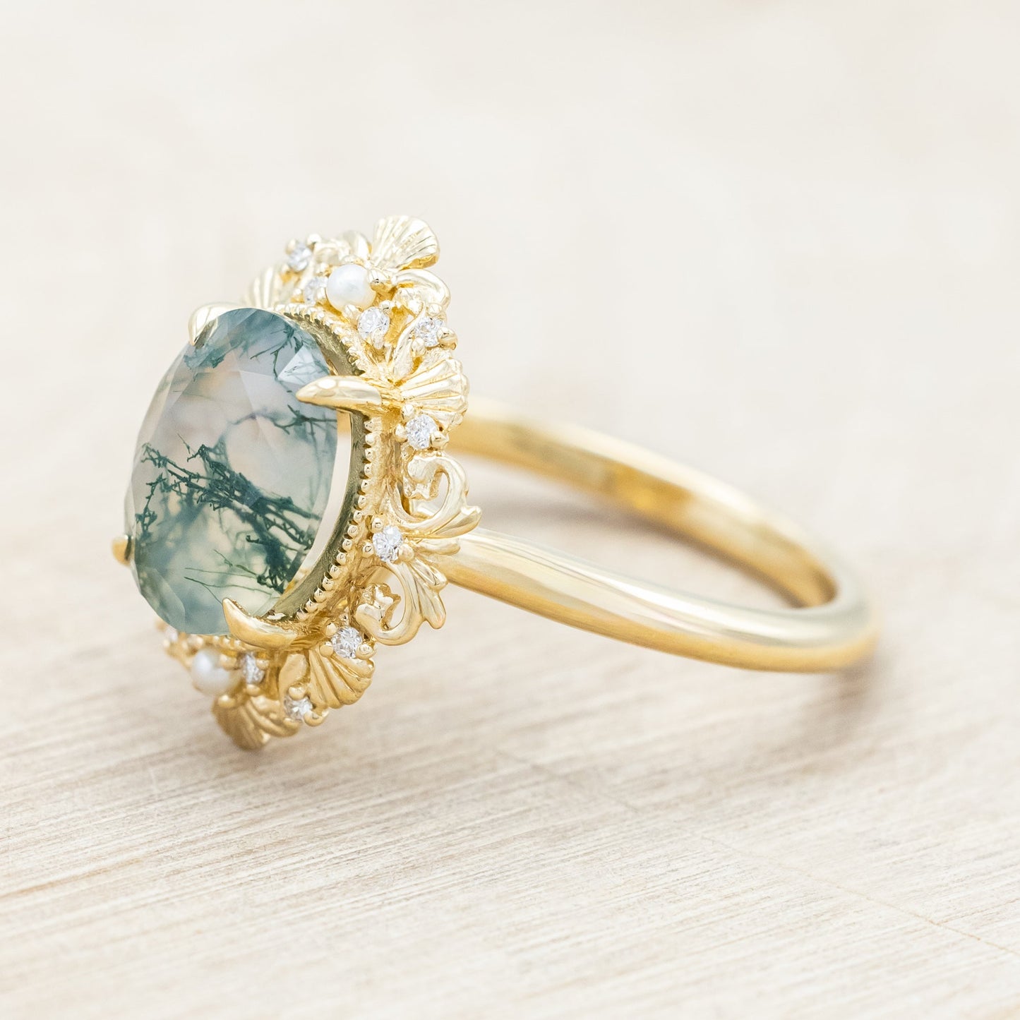 "Merrow" - Oval Cut Moss Agate Engagement Ring With Pearl Accents And Diamond Tracer