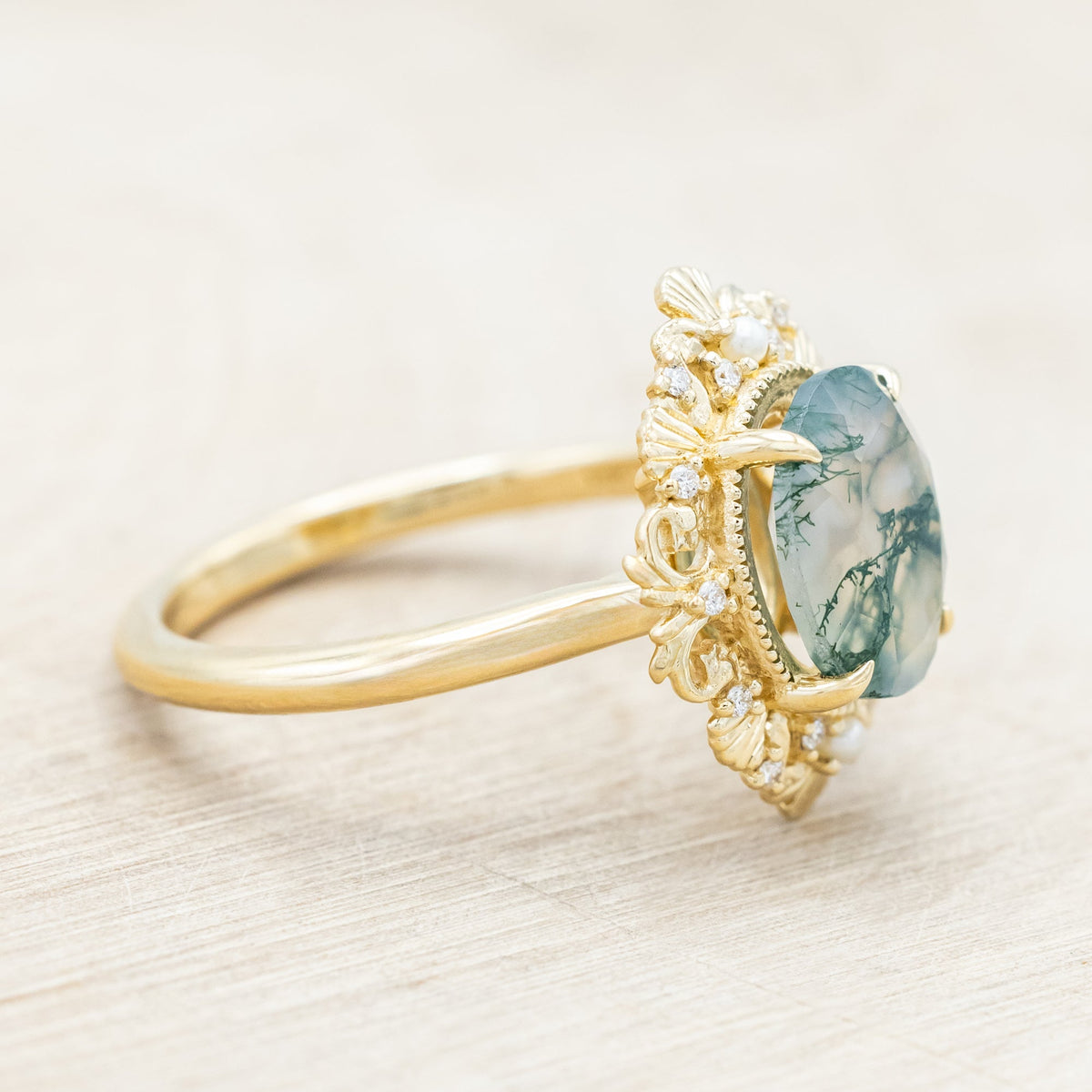 "Merrow" - Oval Cut Moss Agate Engagement Ring With Pearl Accents And Diamond Tracer