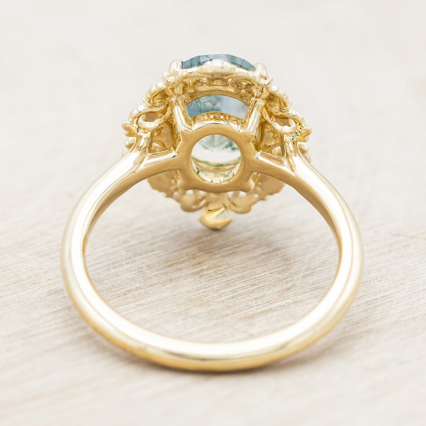 "Merrow" - Oval Cut Moss Agate Engagement Ring With Pearl Accents And Diamond Tracer