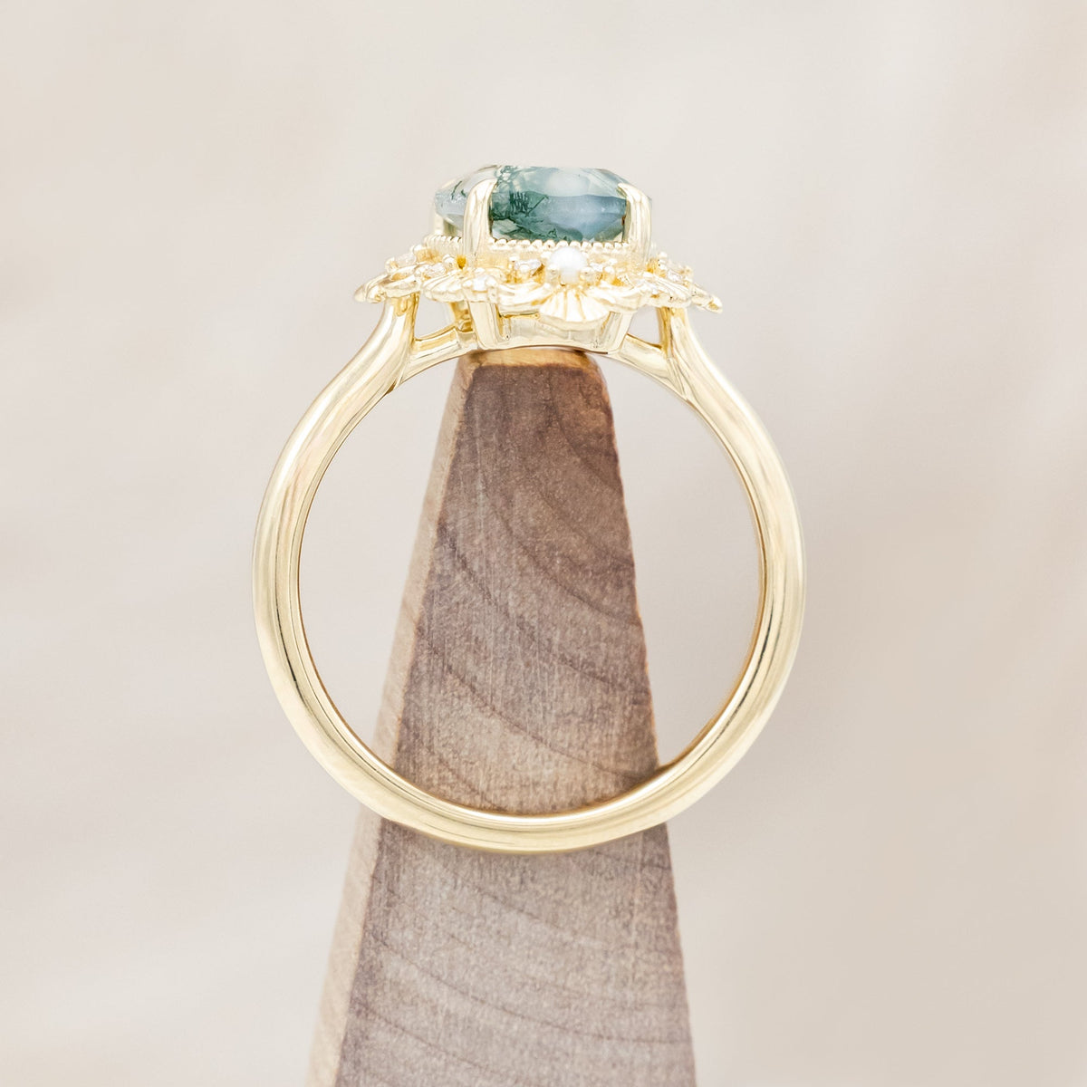 "Merrow" - Oval Cut Moss Agate Engagement Ring With Pearl Accents And Diamond Tracer