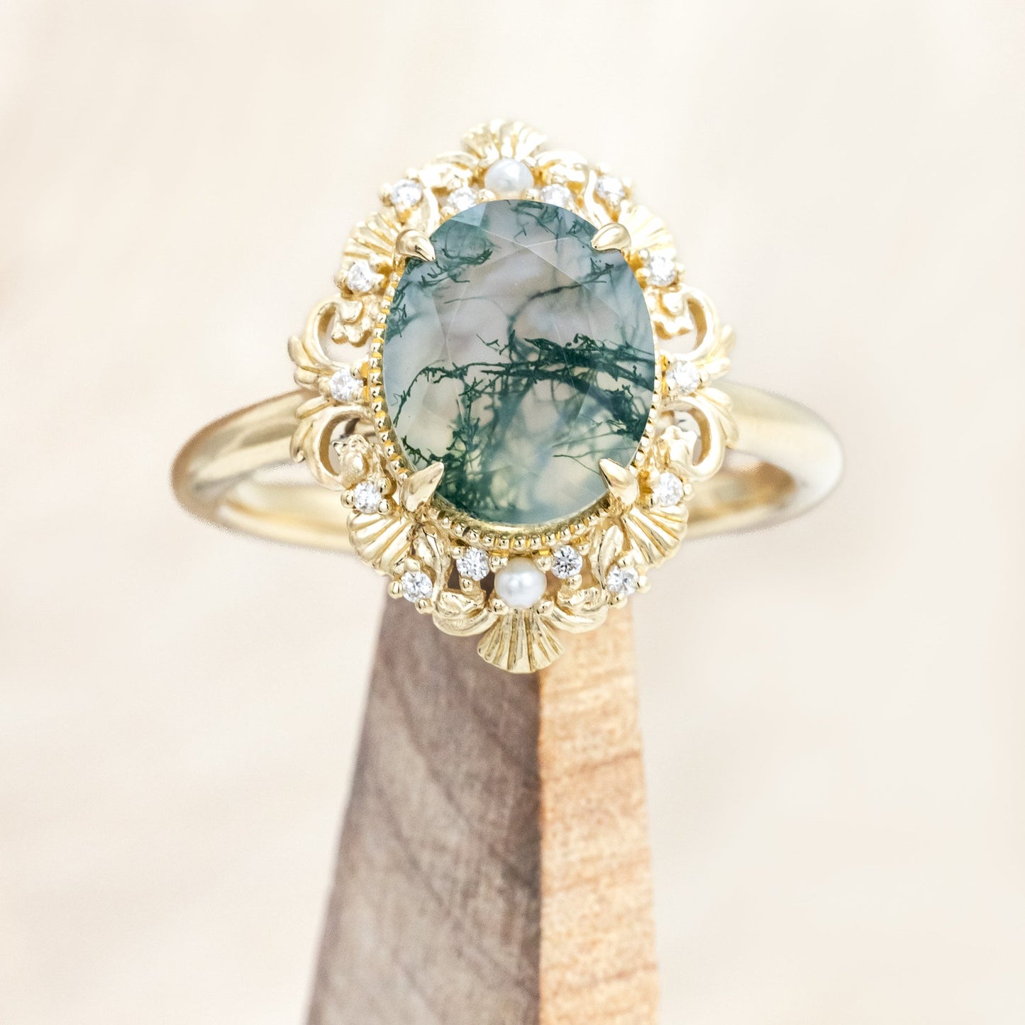 "Merrow" - Oval Cut Moss Agate Engagement Ring With Pearl Accents And Diamond Tracer