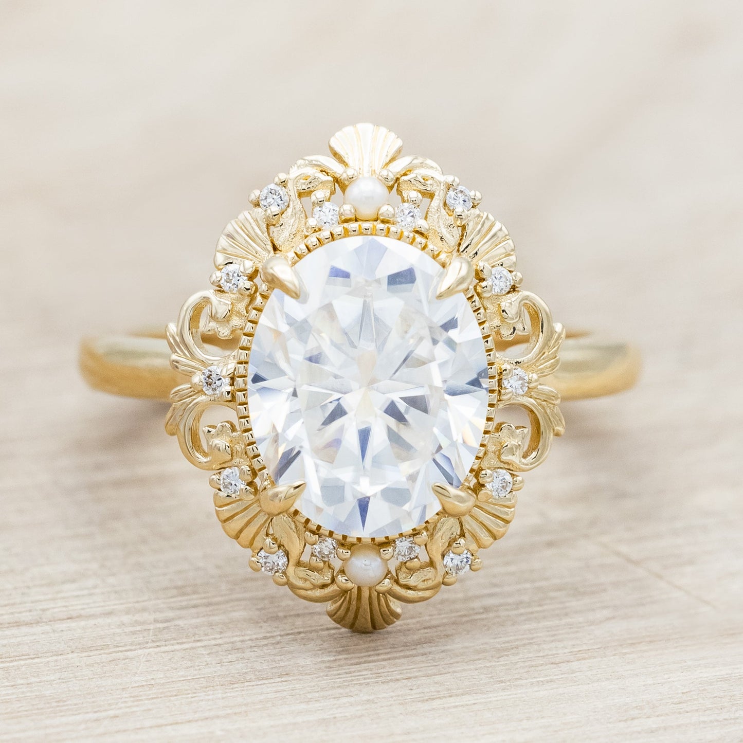 "Merrow" - Moissanite Engagement Ring With Pearl Accents And Diamond Tracer
