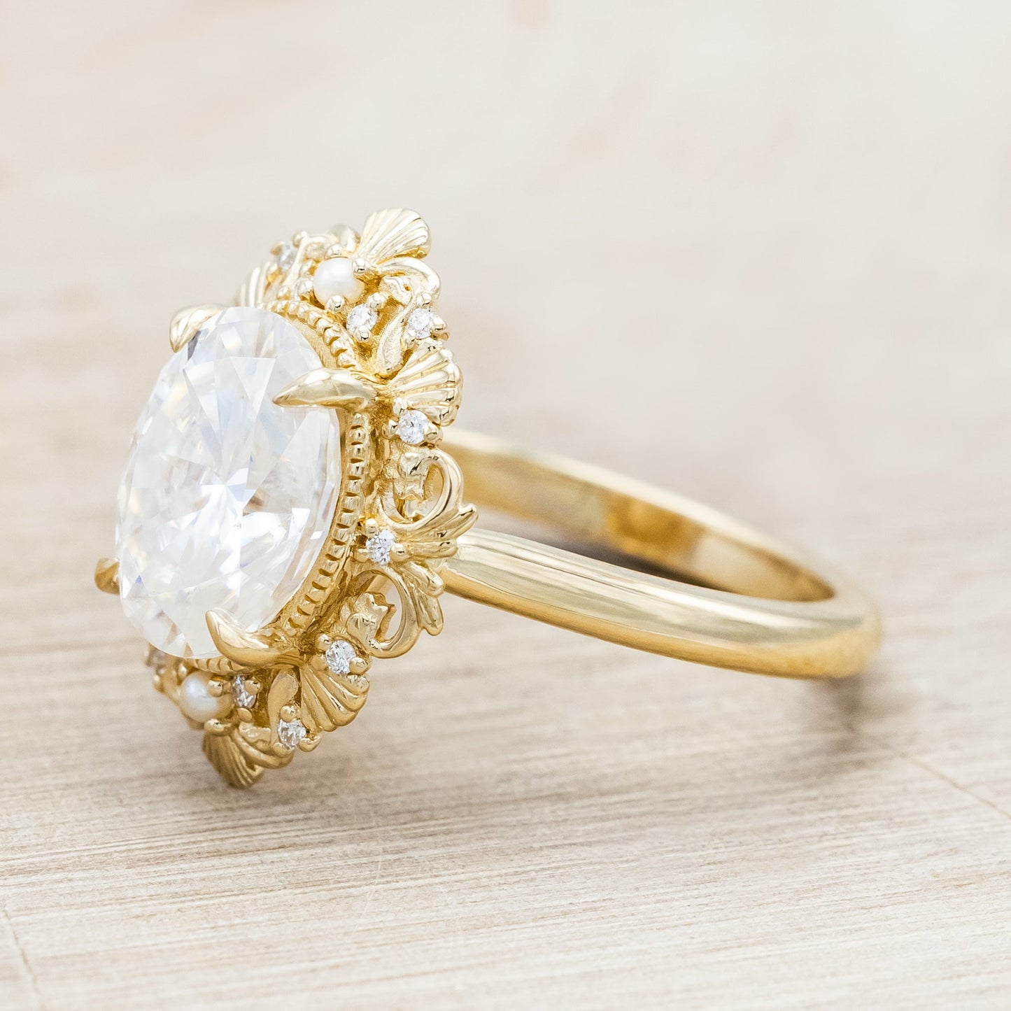 "Merrow" - Moissanite Engagement Ring With Pearl Accents And Diamond Tracer