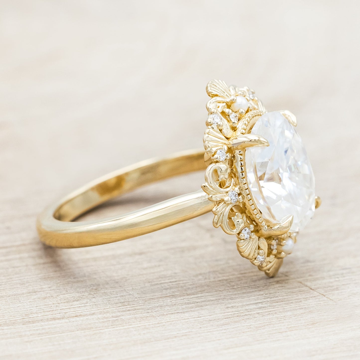 "Merrow" - Moissanite Engagement Ring With Pearl Accents And Diamond Tracer