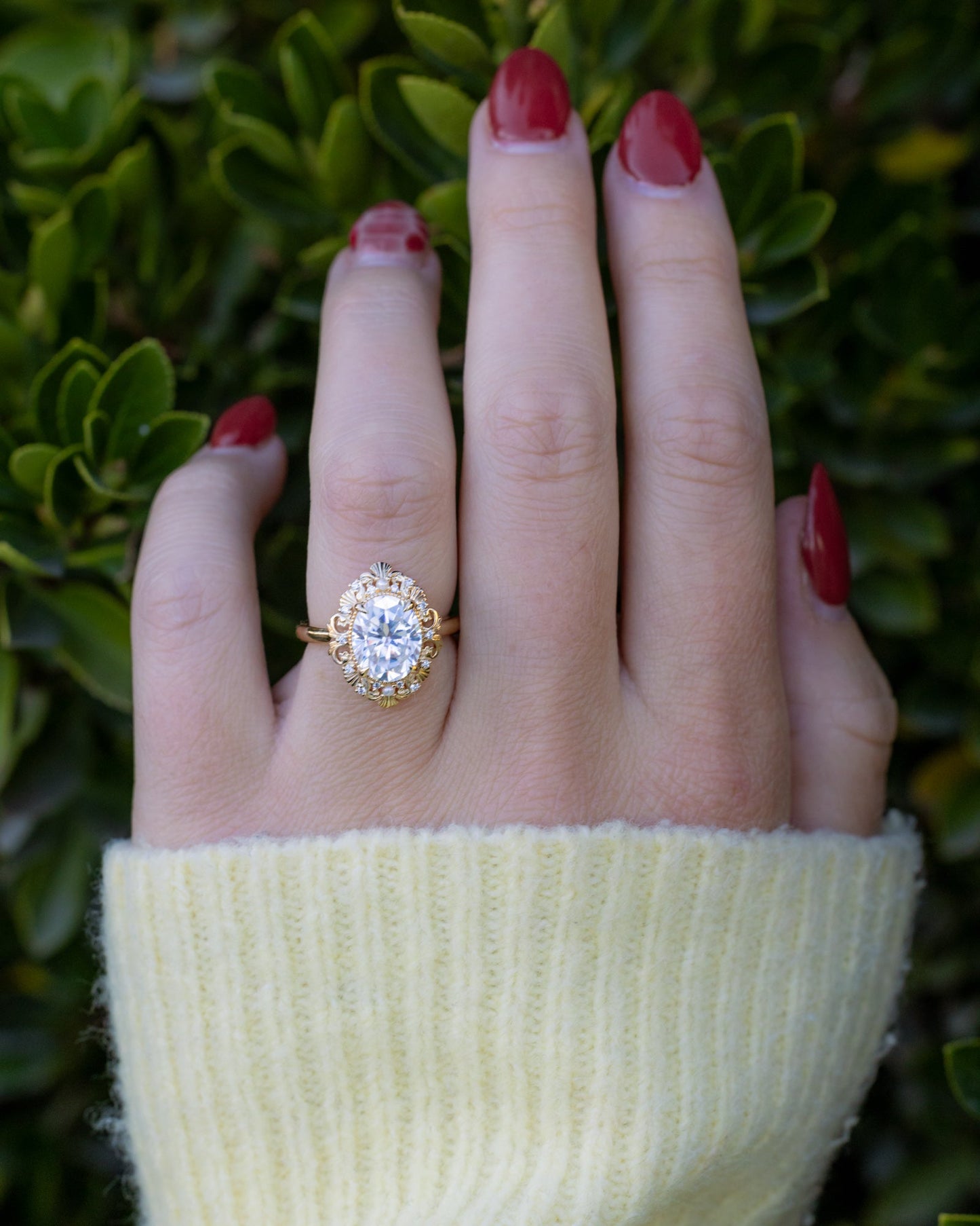 "Merrow" - Moissanite Engagement Ring With Pearl Accents And Diamond Tracer