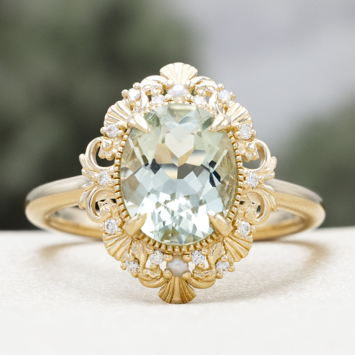 "Merrow" - Oval Cut Prasiolite Engagement Ring With Pearl Accents And Diamond Tracer