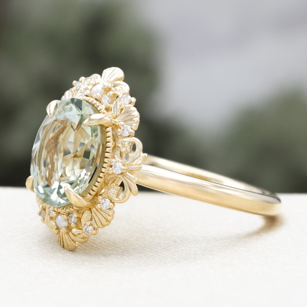 "Merrow" - Oval Cut Prasiolite Engagement Ring With Pearl Accents And Diamond Tracer