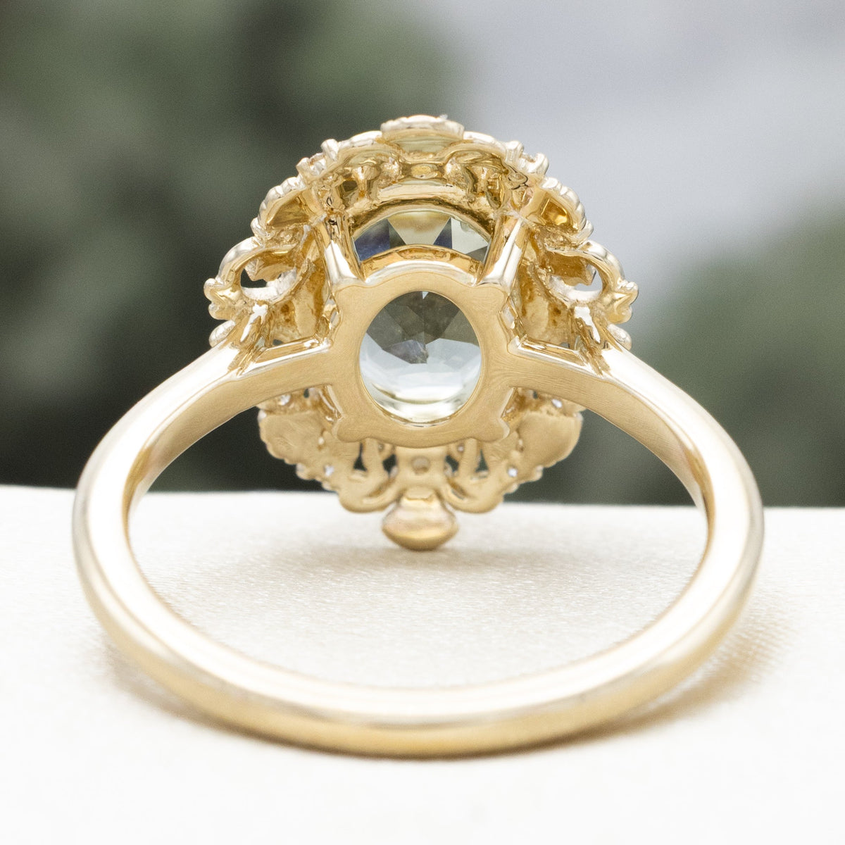 "Merrow" - Oval Cut Prasiolite Engagement Ring With Pearl Accents And Diamond Tracer