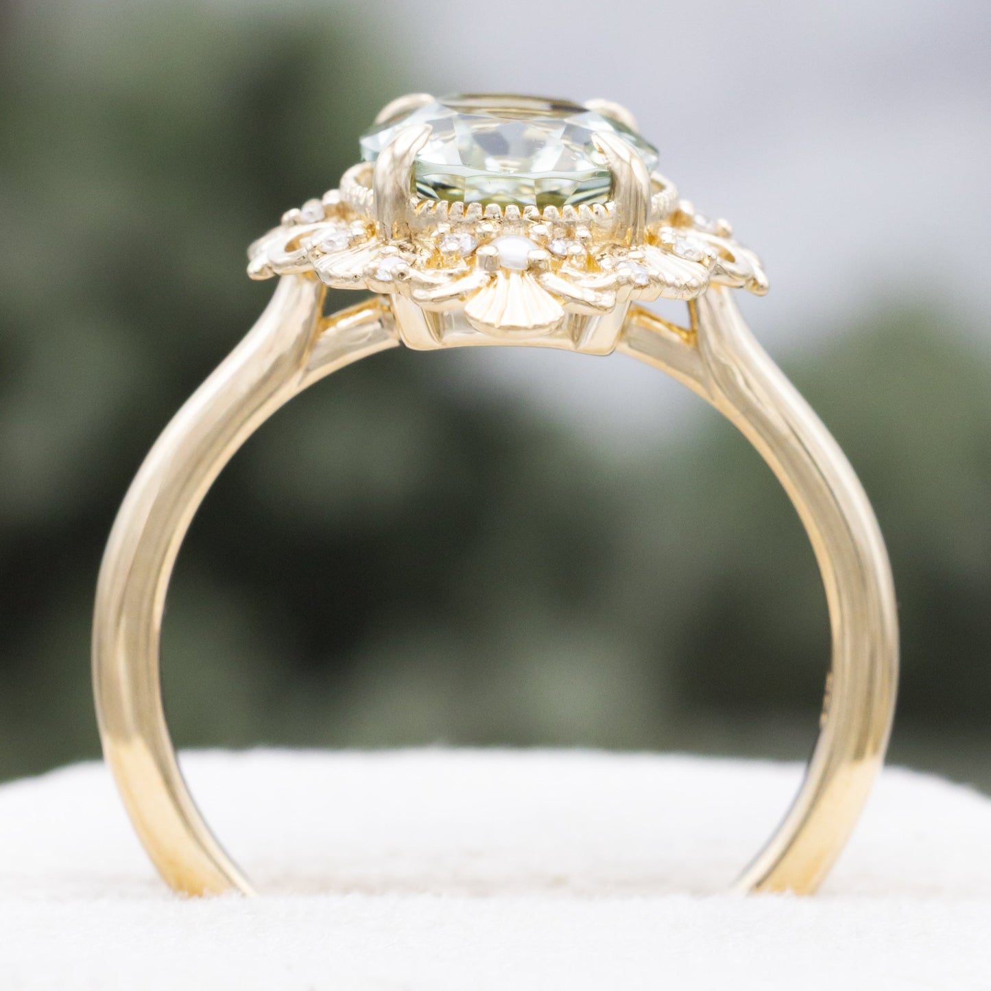 "Merrow" - Oval Cut Prasiolite Engagement Ring With Pearl Accents And Diamond Tracer