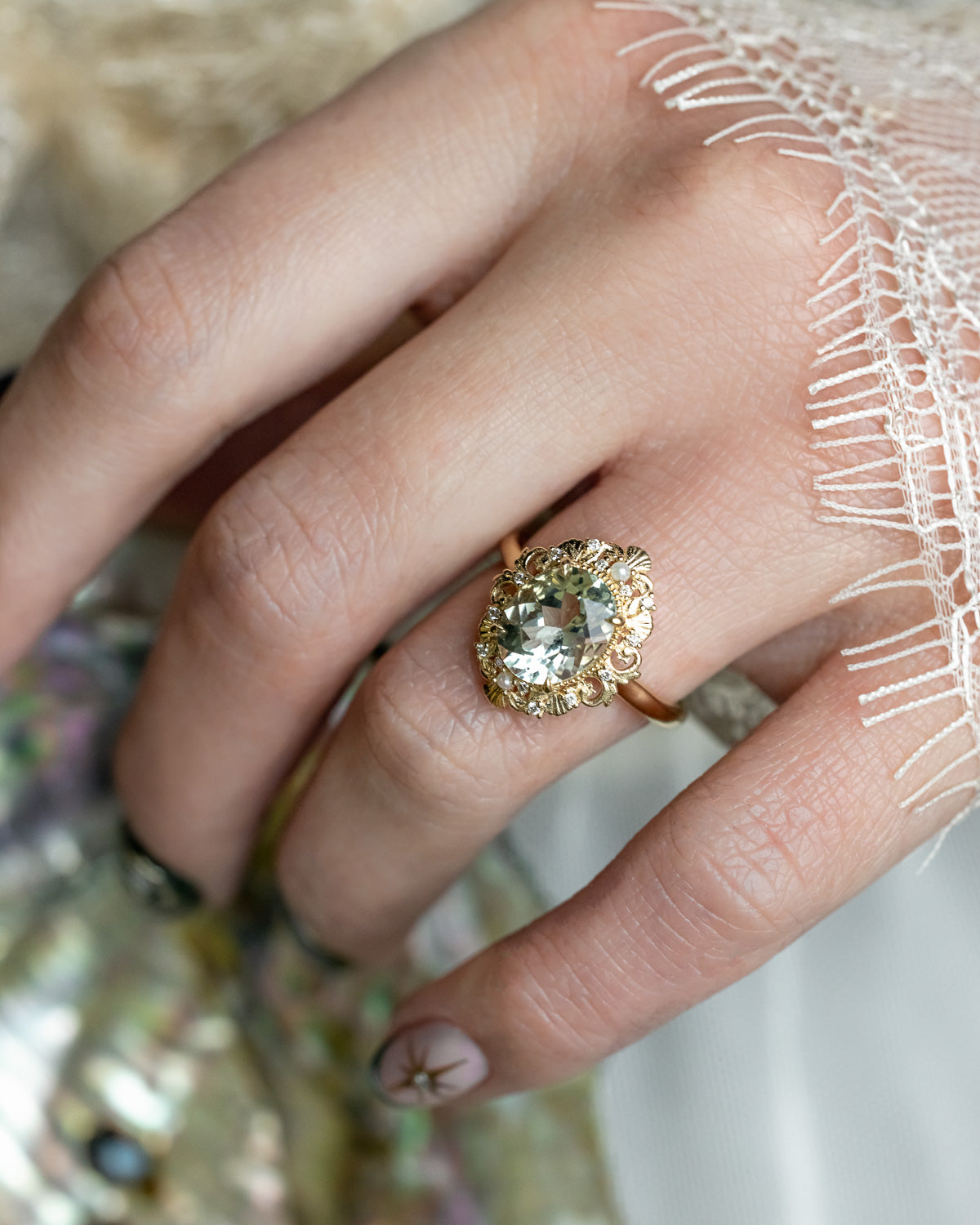 "Merrow" - Oval Cut Prasiolite Engagement Ring With Pearl Accents And Diamond Tracer