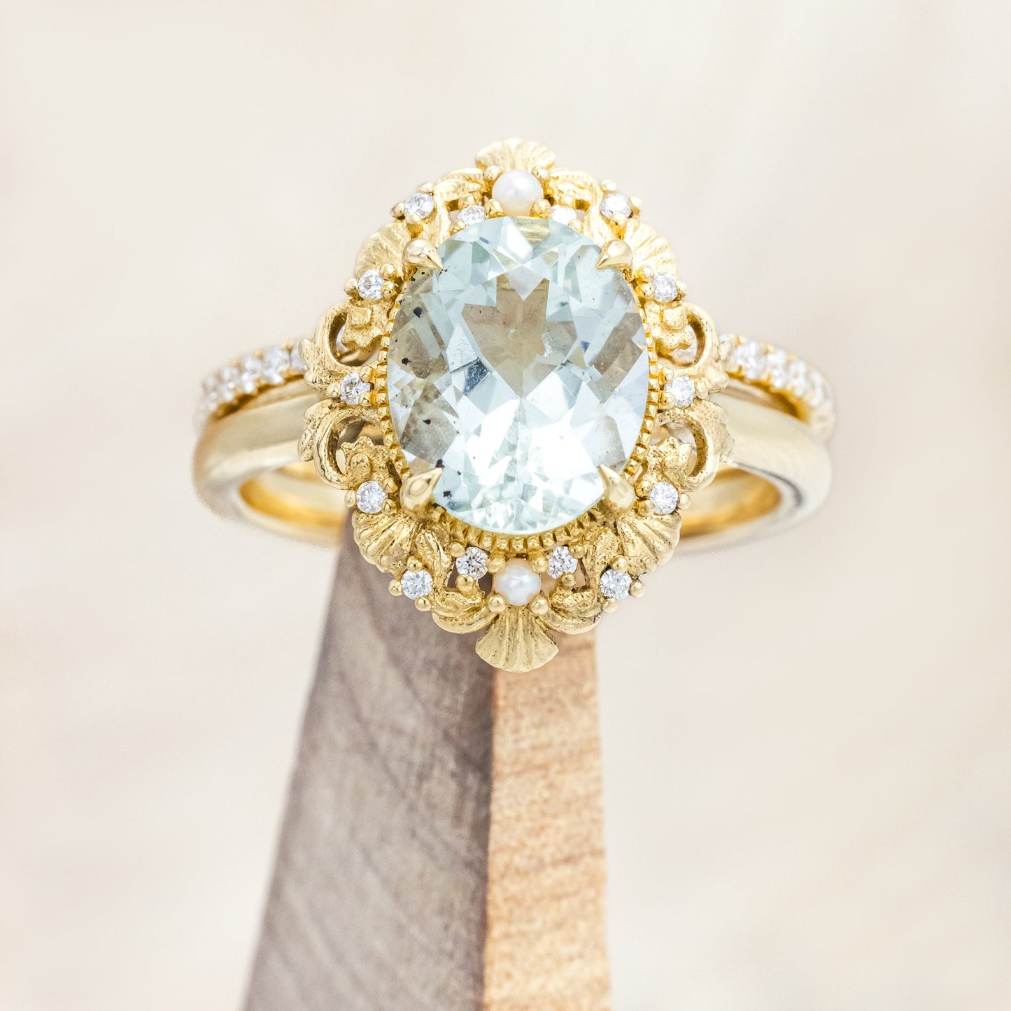 "Merrow" - Oval Cut Prasiolite Engagement Ring With Pearl Accents And Diamond Tracer