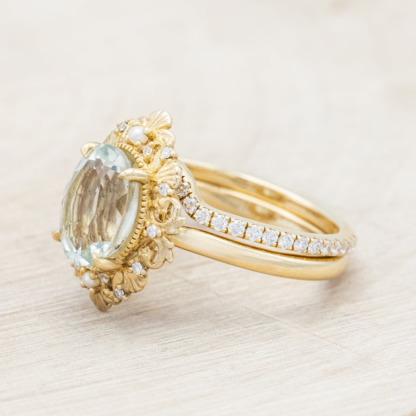 "Merrow" - Oval Cut Prasiolite Engagement Ring With Pearl Accents And Diamond Tracer