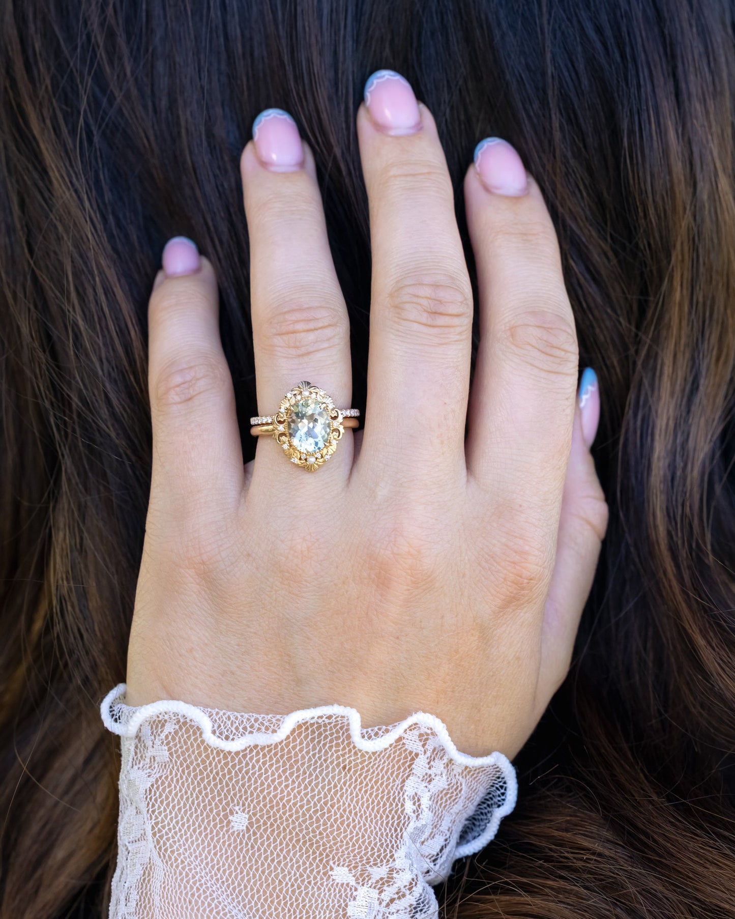 "Merrow" - Oval Cut Prasiolite Engagement Ring With Pearl Accents And Diamond Tracer