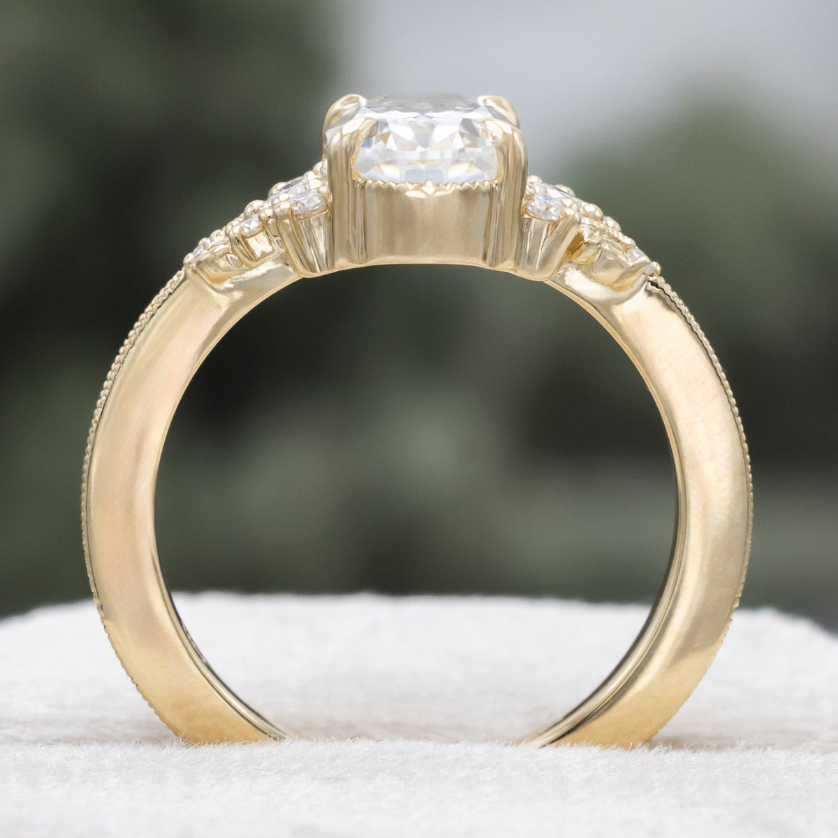 "Guinevere" - Moissanite Engagement Ring Featuring Diamond Accents and Vine Filigree with Milgrain Tracer