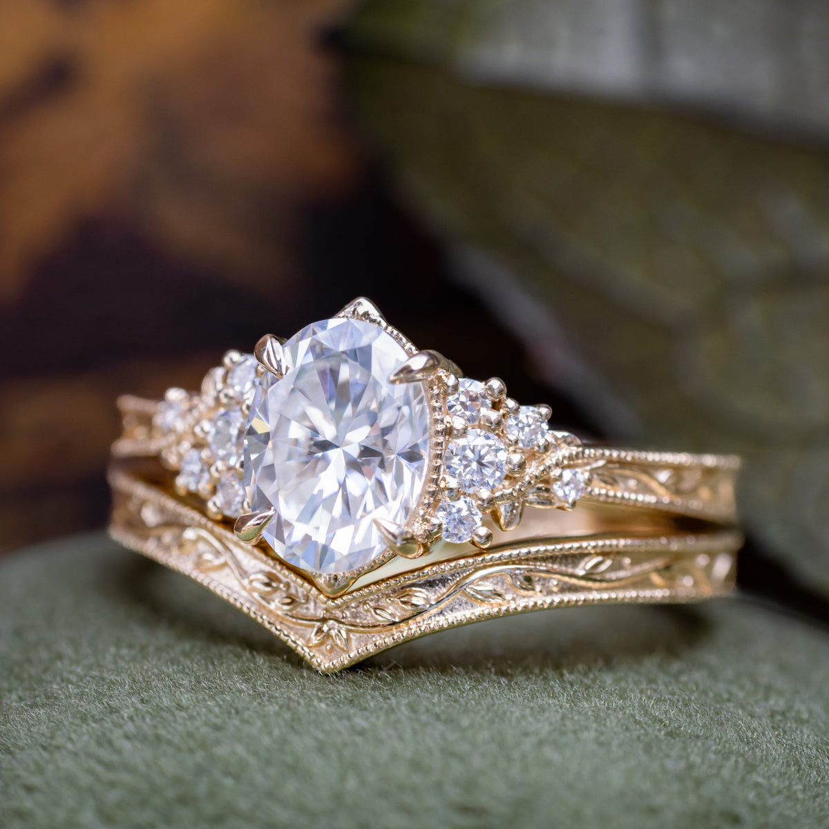 "Guinevere" - Moissanite Engagement Ring Featuring Diamond Accents and Vine Filigree with Milgrain Tracer