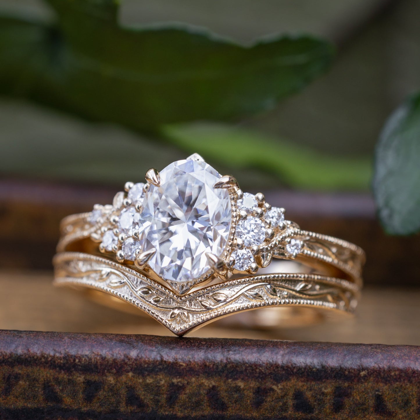 "Guinevere" - Moissanite Engagement Ring Featuring Diamond Accents and Vine Filigree with Milgrain Tracer