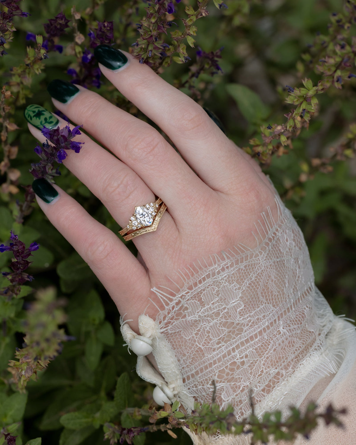 "Guinevere" - Moissanite Engagement Ring Featuring Diamond Accents and Vine Filigree with Milgrain Tracer