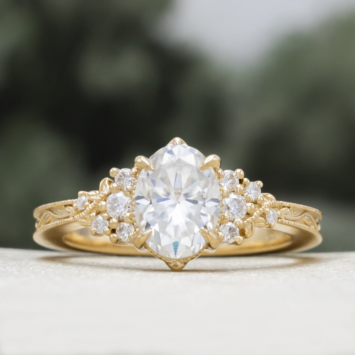 "Guinevere" - Moissanite Engagement Ring Featuring Diamond Accents and Vine Filigree with Milgrain Tracer