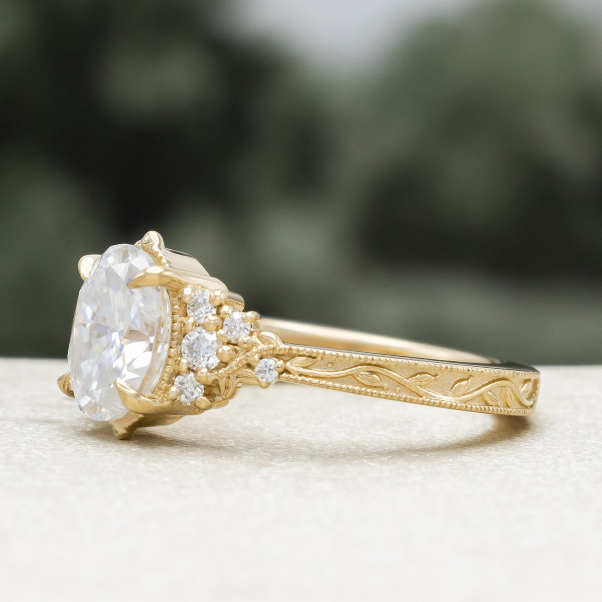 "Guinevere" - Moissanite Engagement Ring Featuring Diamond Accents and Vine Filigree with Milgrain Tracer