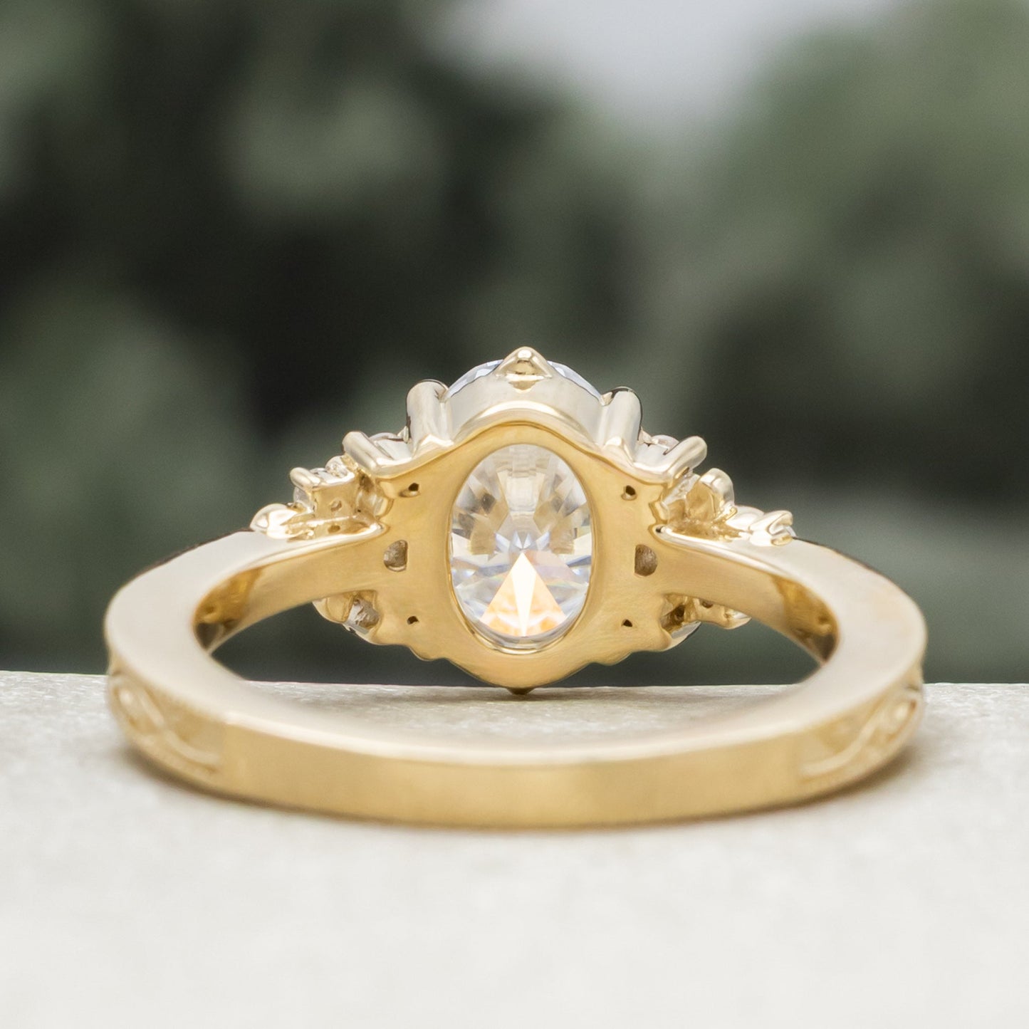 "Guinevere" - Moissanite Engagement Ring Featuring Diamond Accents and Vine Filigree with Milgrain Tracer