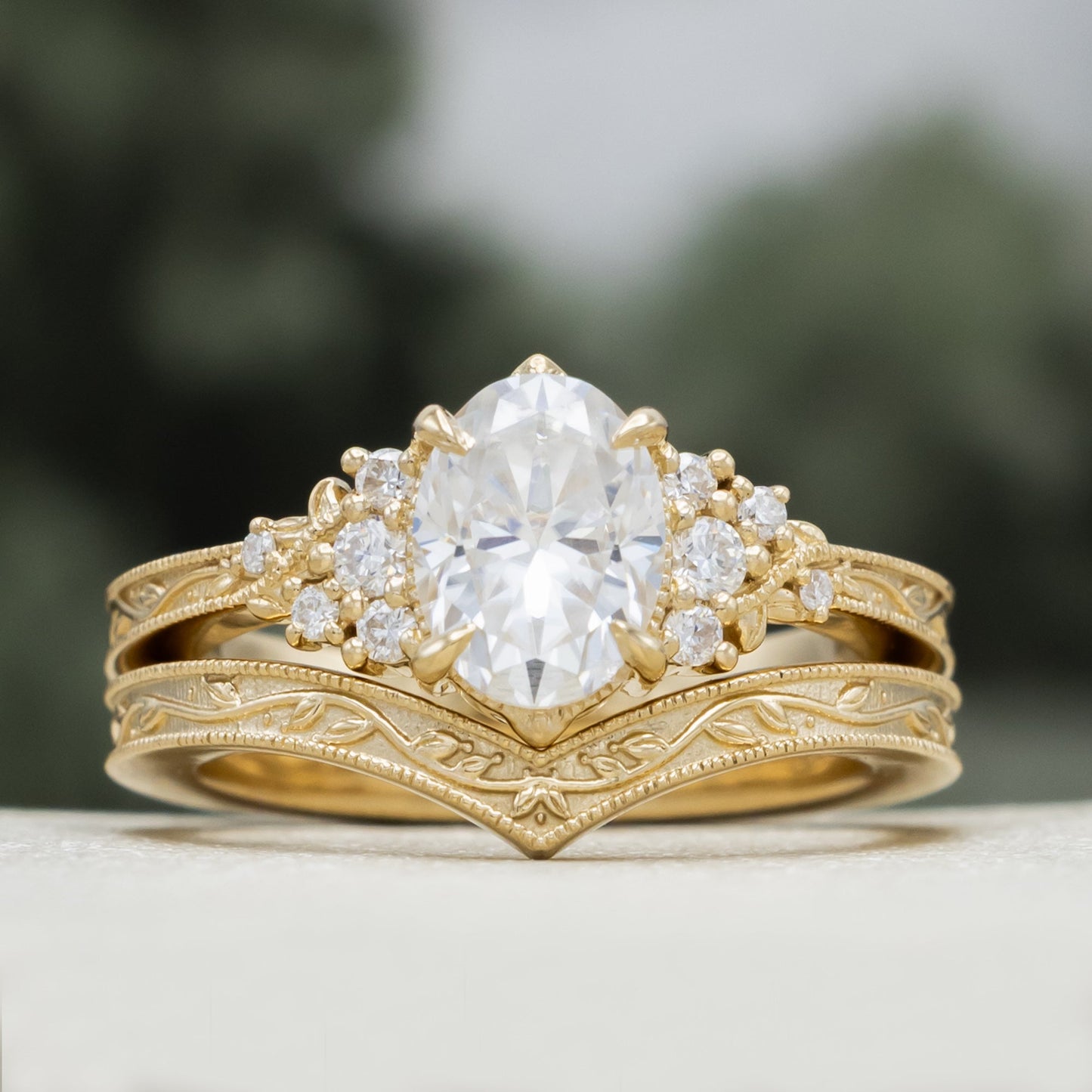 "Guinevere" - Moissanite Engagement Ring Featuring Diamond Accents and Vine Filigree with Milgrain Tracer
