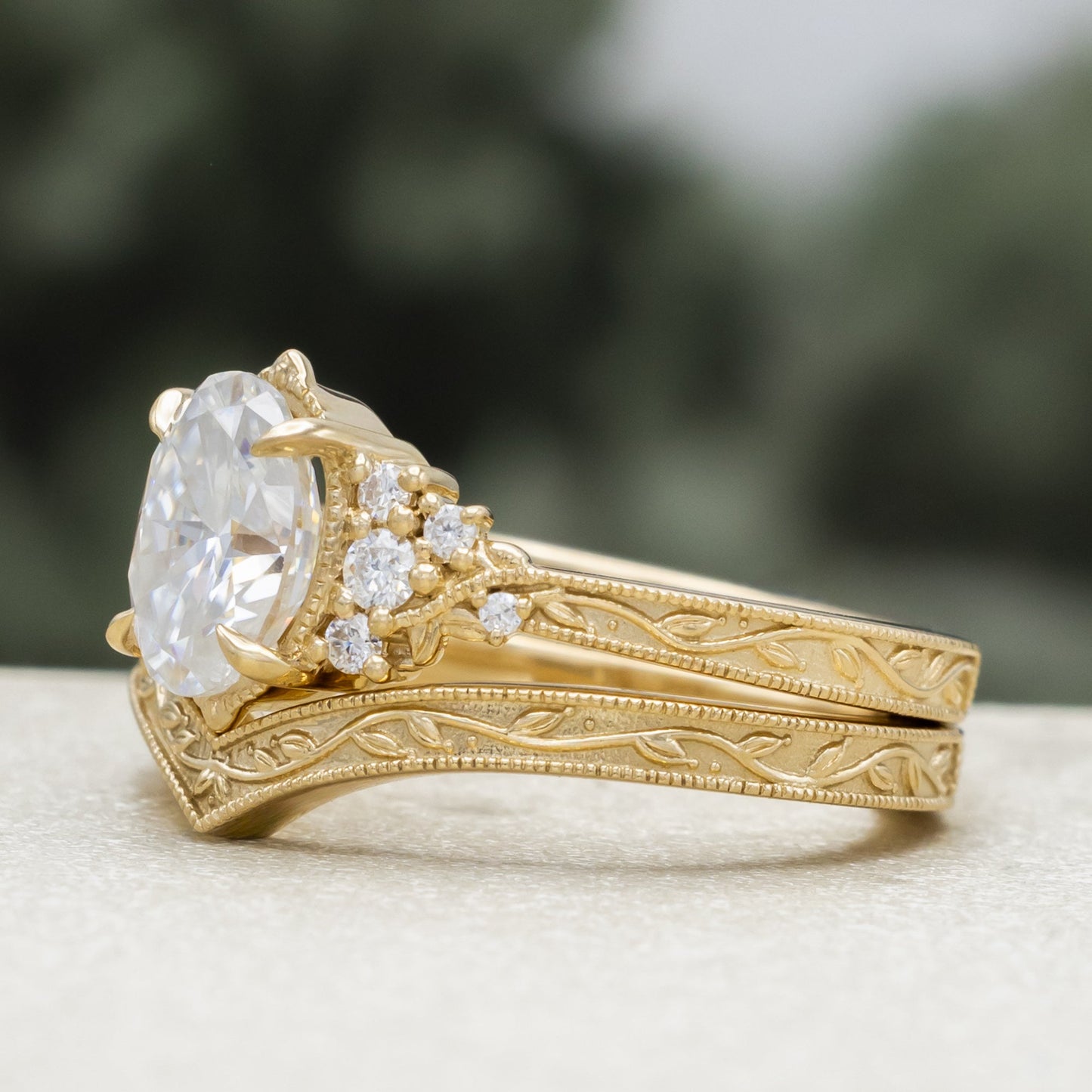 "Guinevere" - Moissanite Engagement Ring Featuring Diamond Accents and Vine Filigree with Milgrain Tracer