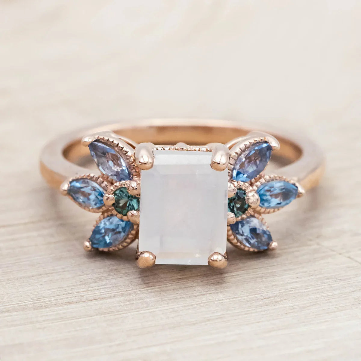 "Moonshadow" - Emerald Cut Moonstone Engagement Ring With Green Tourmaline & Aquamarine Accents - 14K Rose Gold - Size 7 1/4