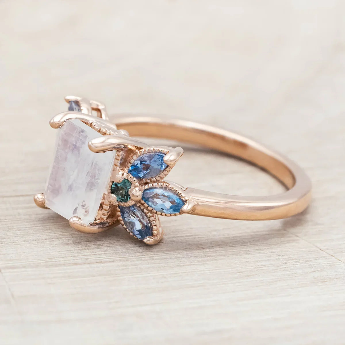 "Moonshadow" - Emerald Cut Moonstone Engagement Ring With Green Tourmaline & Aquamarine Accents - 14K Rose Gold - Size 7 1/4