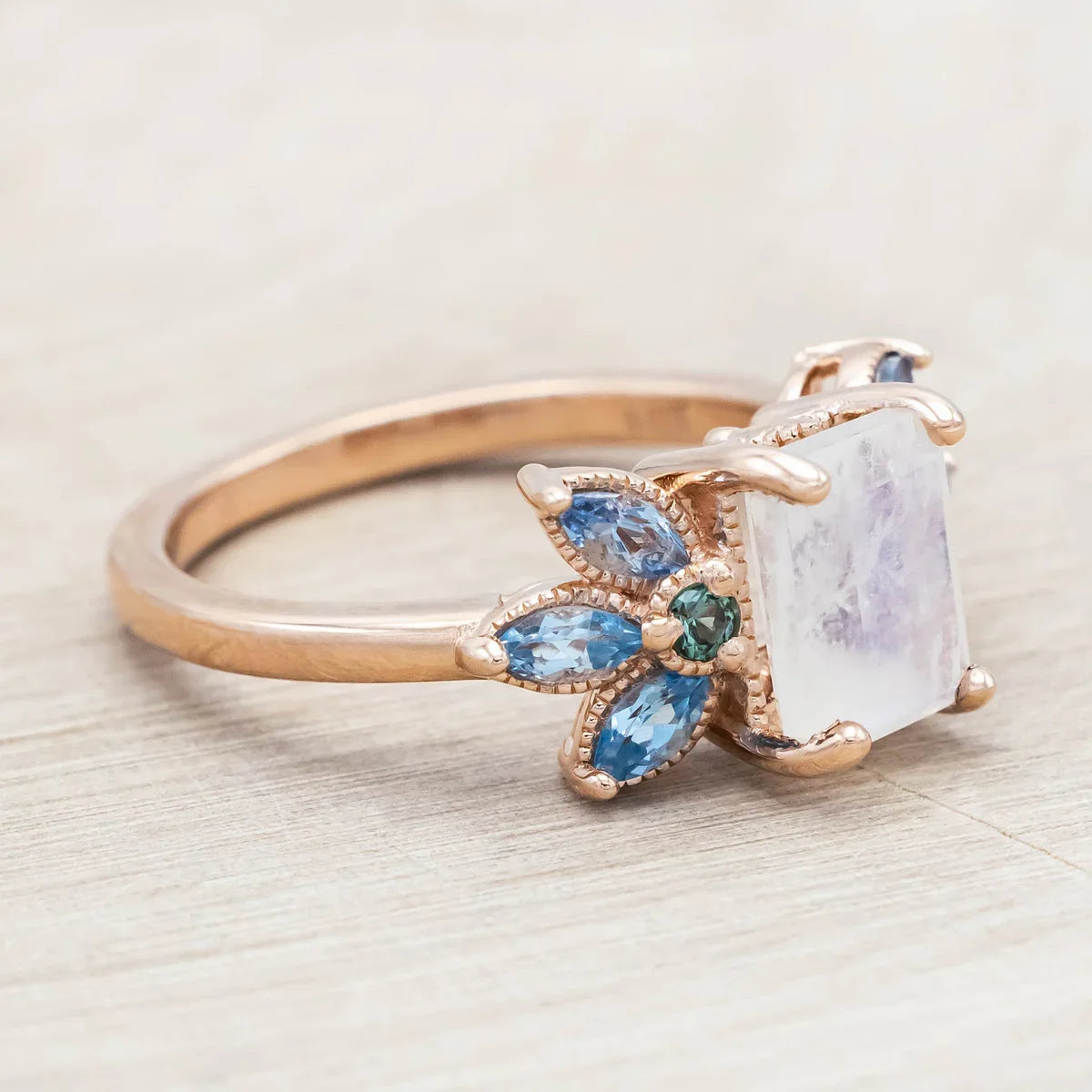"Moonshadow" - Emerald Cut Moonstone Engagement Ring With Green Tourmaline & Aquamarine Accents - 14K Rose Gold - Size 7 1/4