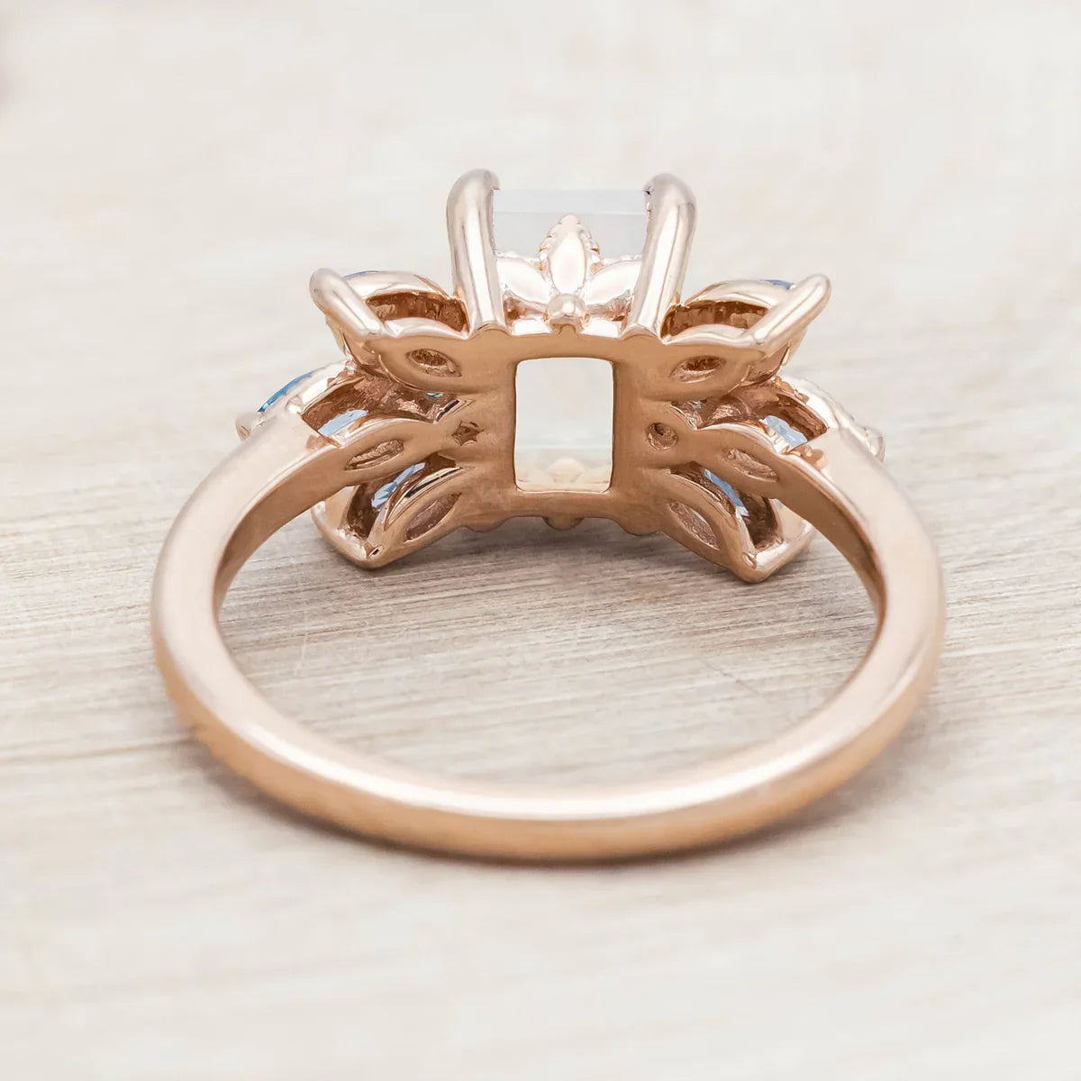 "Moonshadow" - Emerald Cut Moonstone Engagement Ring With Green Tourmaline & Aquamarine Accents - 14K Rose Gold - Size 7 1/4