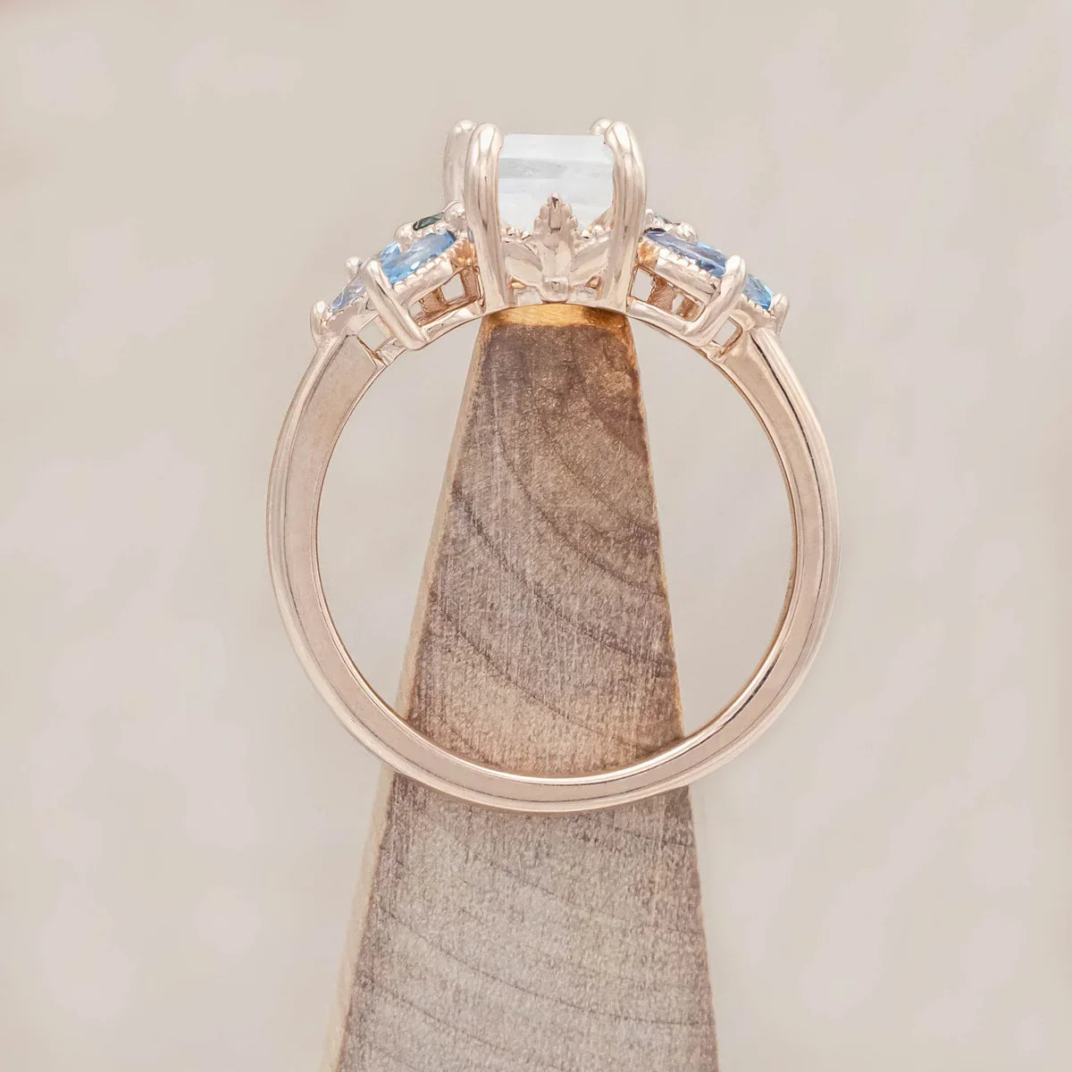 "Moonshadow" - Emerald Cut Moonstone Engagement Ring With Green Tourmaline & Aquamarine Accents - 14K Rose Gold - Size 7 1/4
