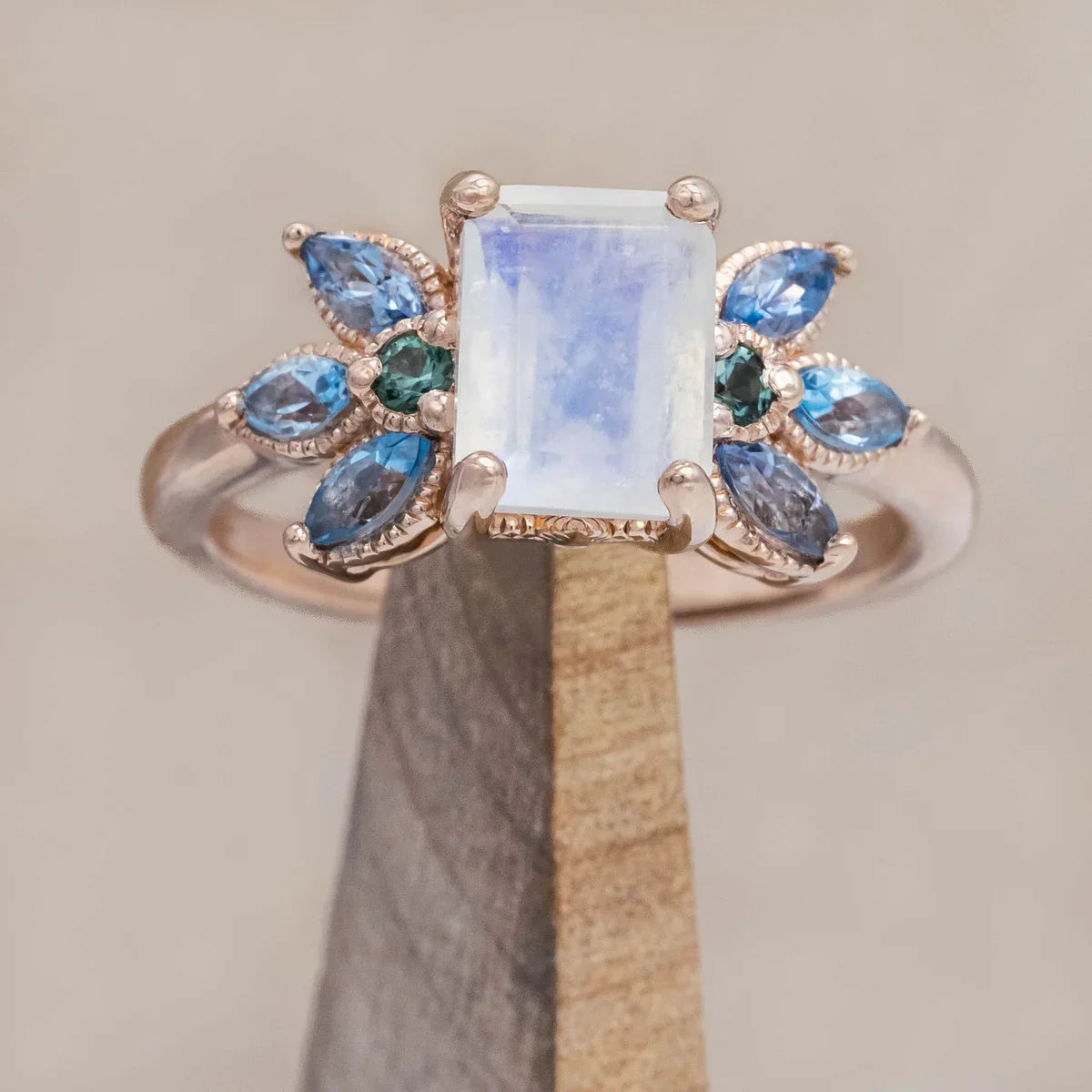 "Moonshadow" - Emerald Cut Moonstone Engagement Ring With Green Tourmaline & Aquamarine Accents - 14K Rose Gold - Size 7 1/4