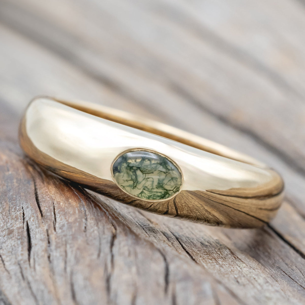 "Luka" - Signet Engagement Ring Featuring Bezel Set Oval Cut Moss Agate & A Hidden Sun Design