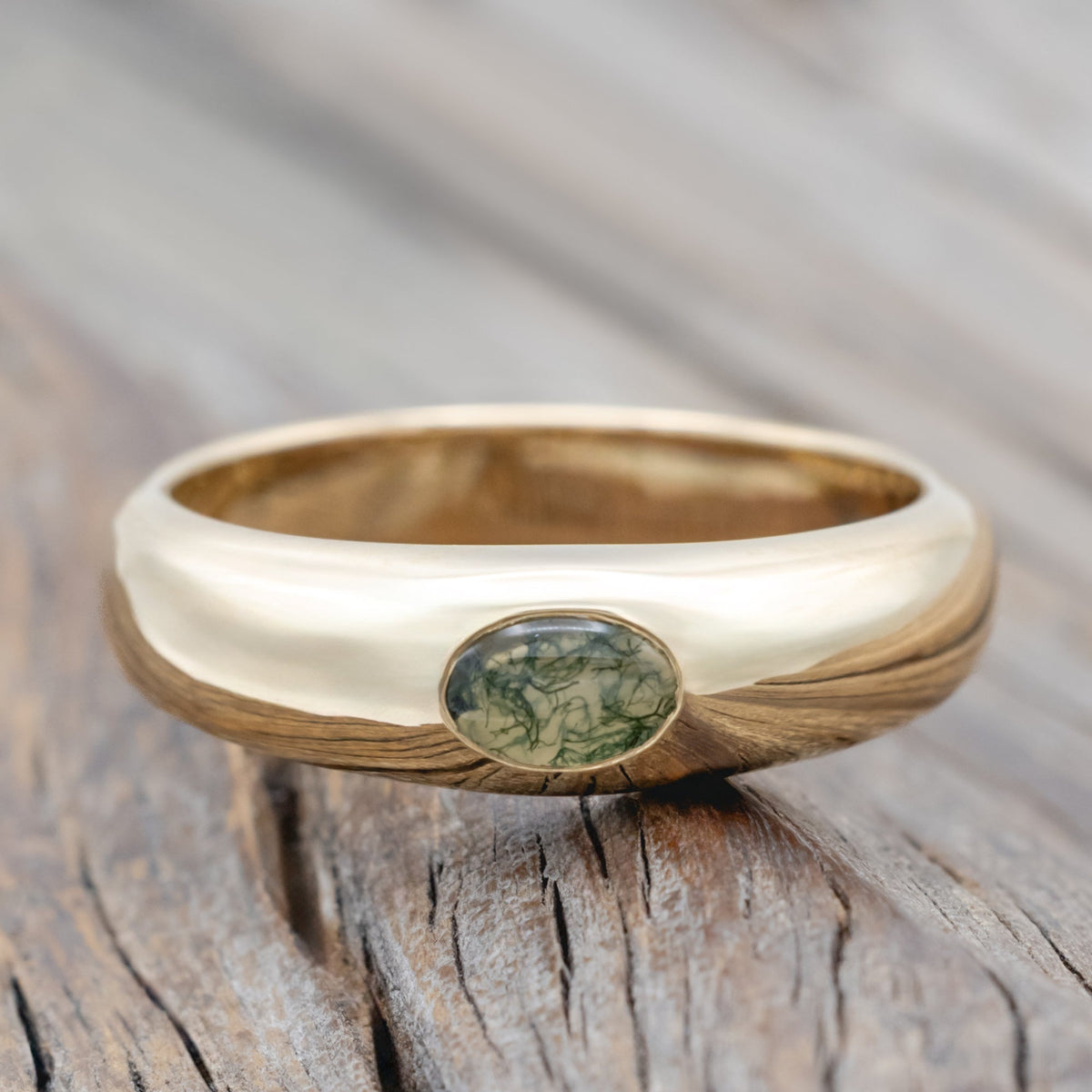 "Luka" - Signet Engagement Ring Featuring Bezel Set Oval Cut Moss Agate & A Hidden Sun Design