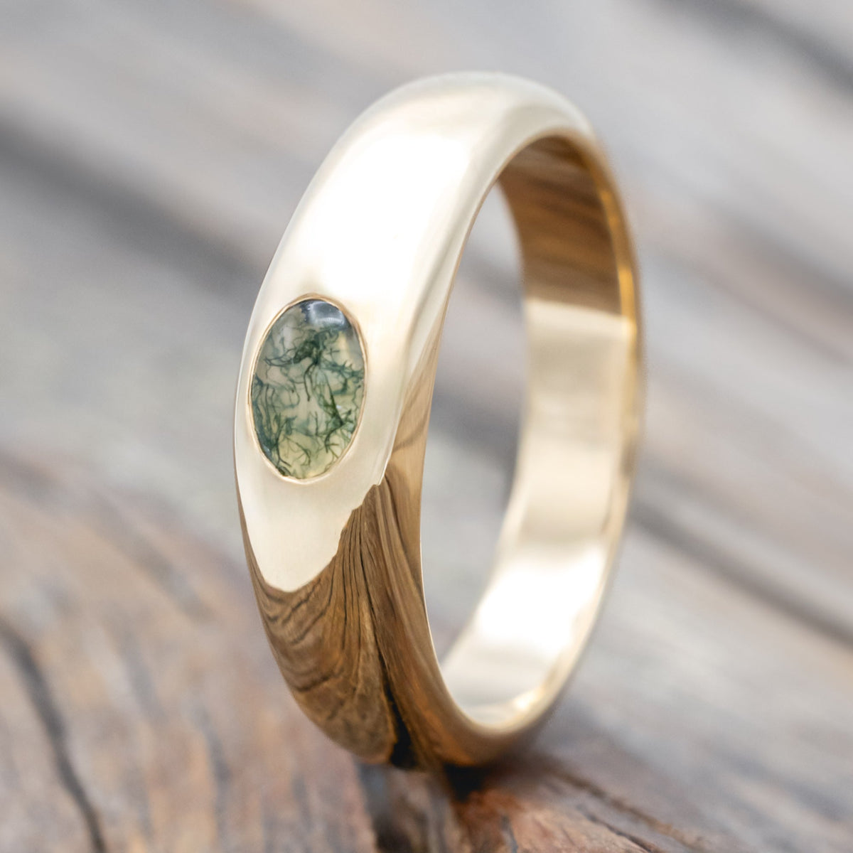 "Luka" - Signet Engagement Ring Featuring Bezel Set Oval Cut Moss Agate & A Hidden Sun Design