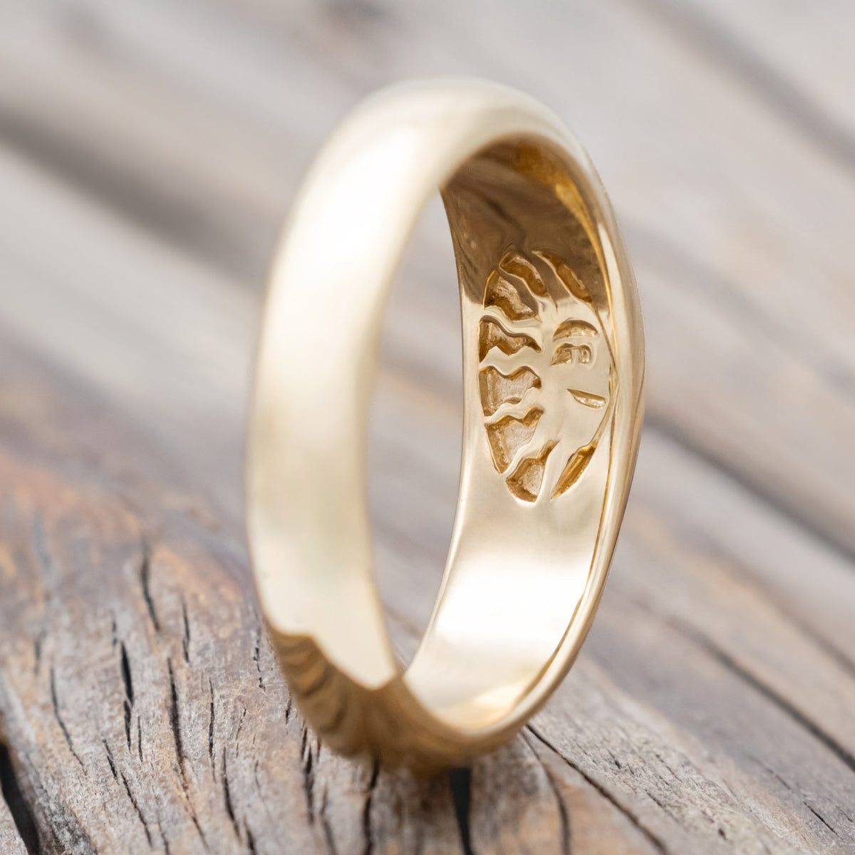"Luka" - Signet Engagement Ring Featuring Bezel Set Oval Cut Moss Agate & A Hidden Sun Design