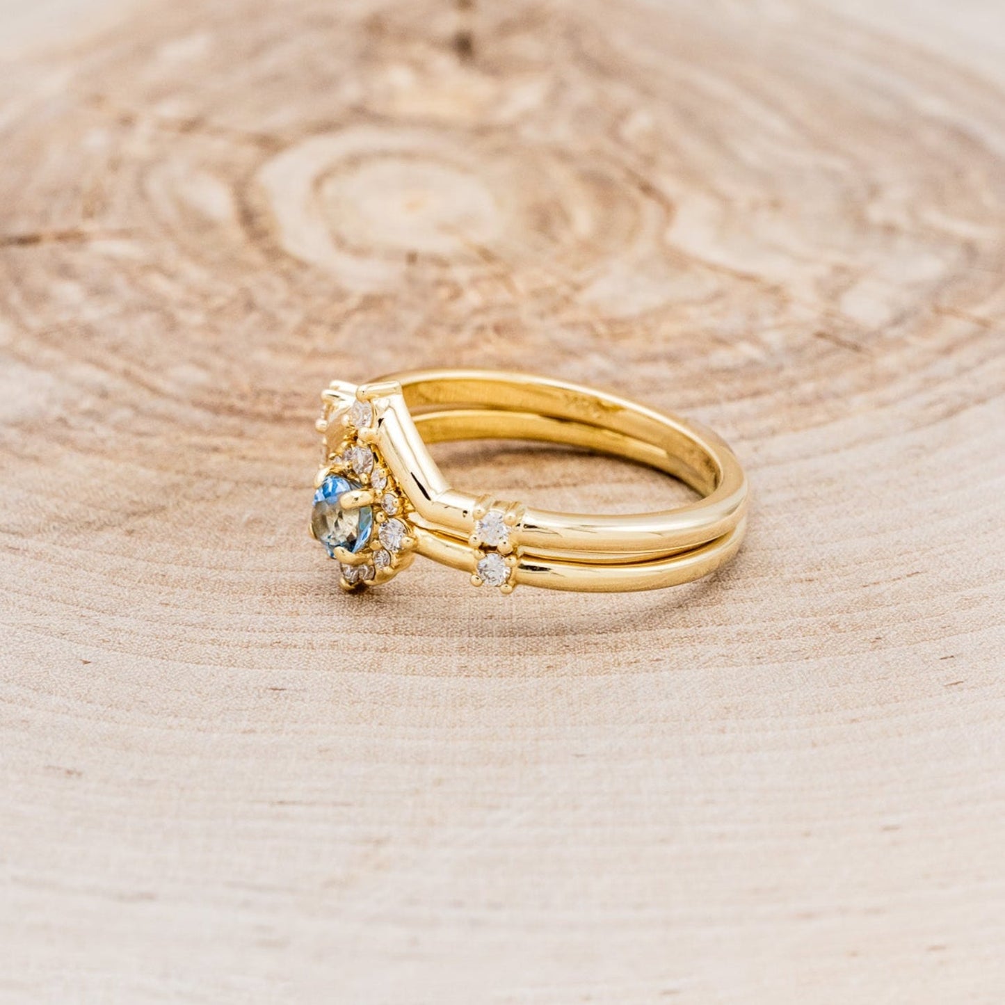 "Starla" - Aquamarine Engagement Ring With Starburst Diamond Halo & Contoured Tracer