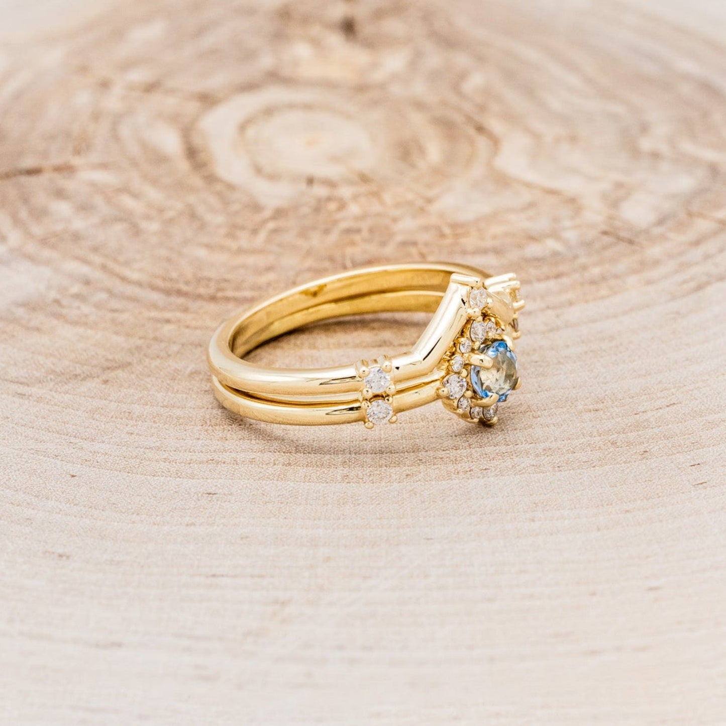 "Starla" - Aquamarine Engagement Ring With Starburst Diamond Halo & Contoured Tracer