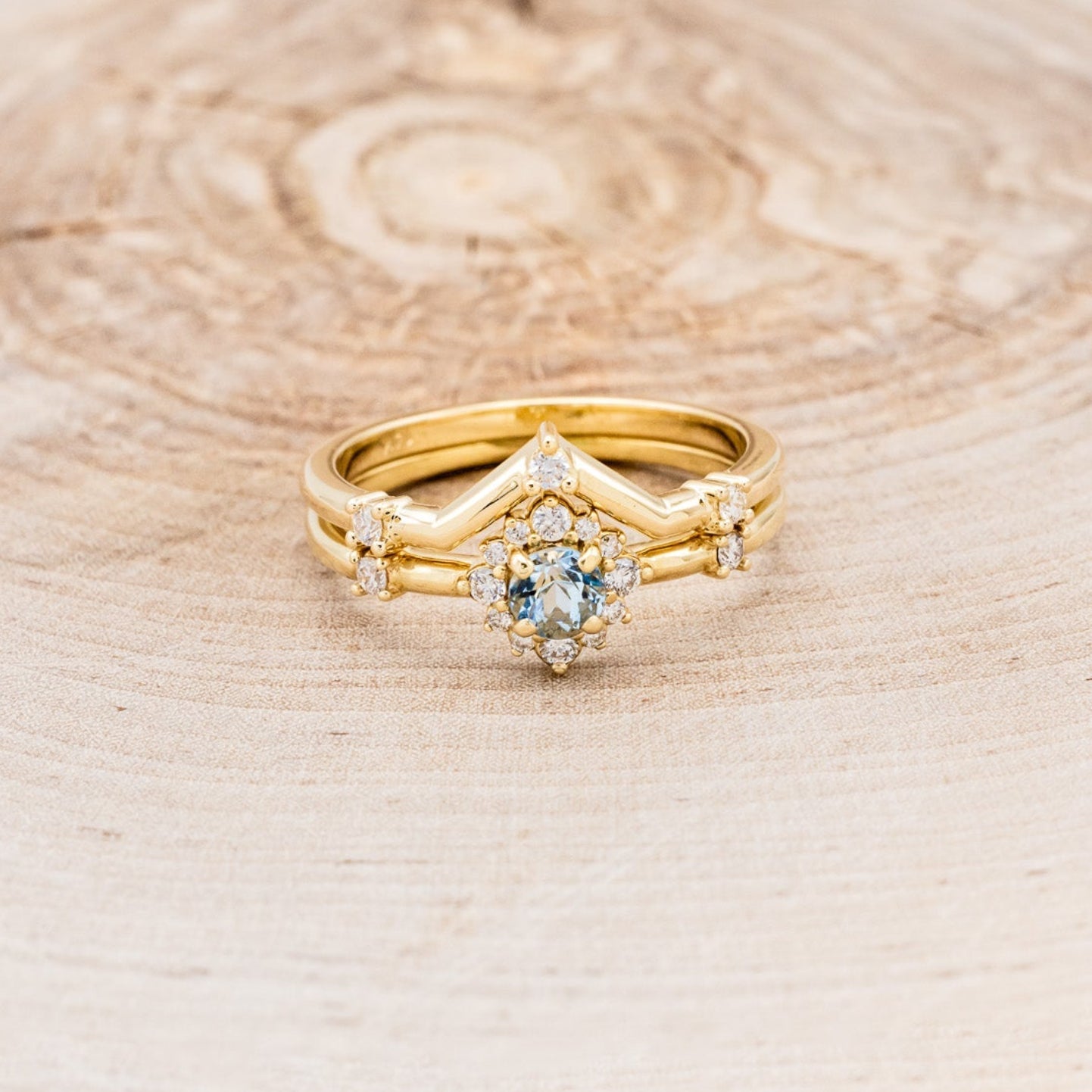 "Starla" - Aquamarine Engagement Ring With Starburst Diamond Halo & Contoured Tracer