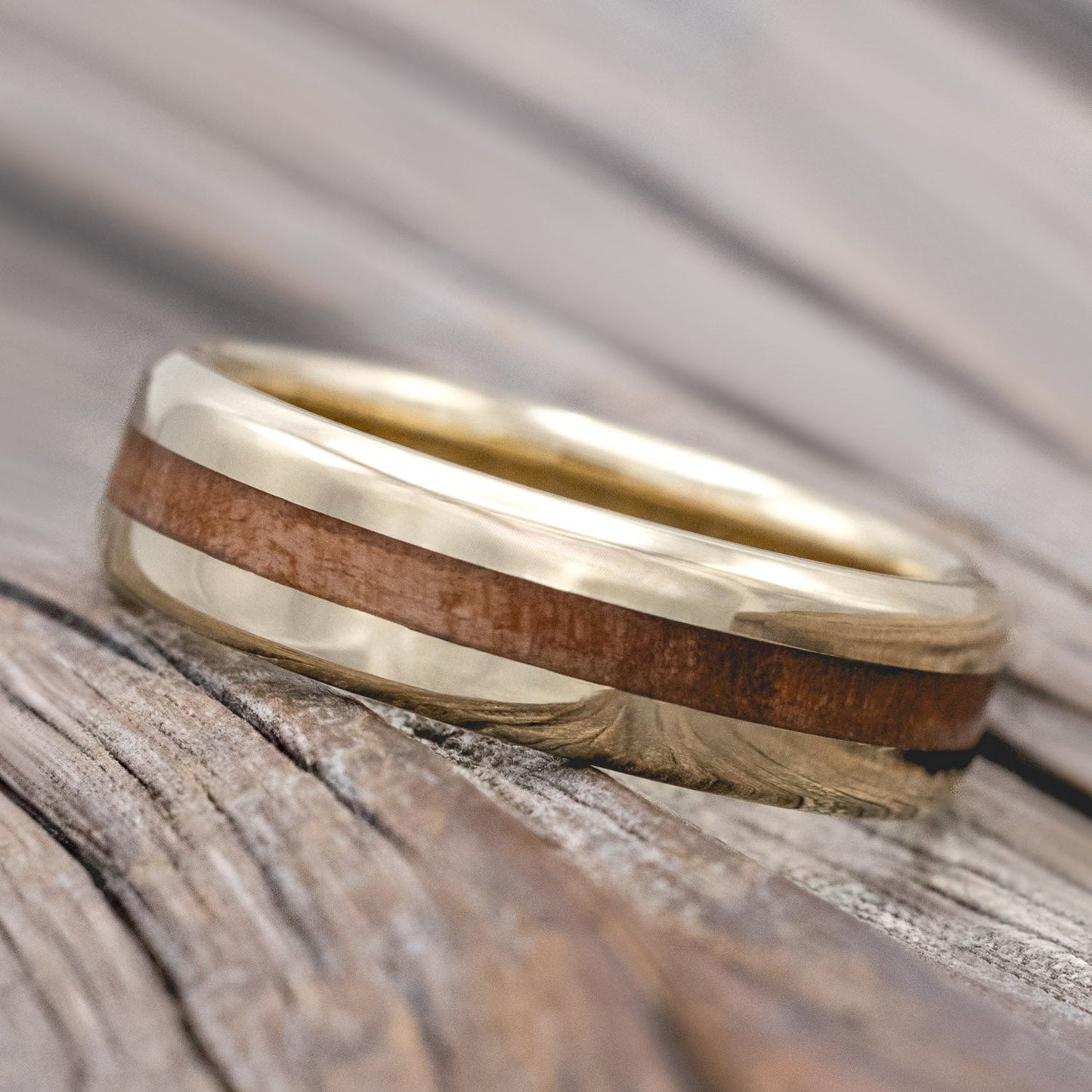 "Nirvana" - Centered Redwood Wedding Ring - 14K Yellow Gold (8mm) - Size 10