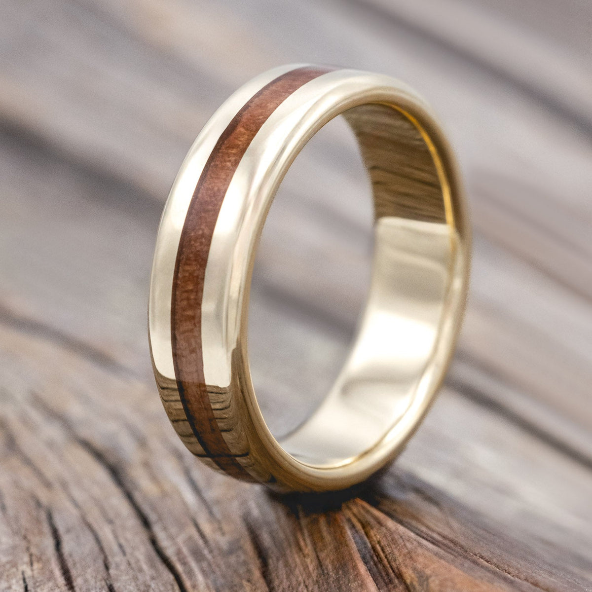 "Nirvana" - Centered Redwood Wedding Ring - 14K Yellow Gold (8mm) - Size 10