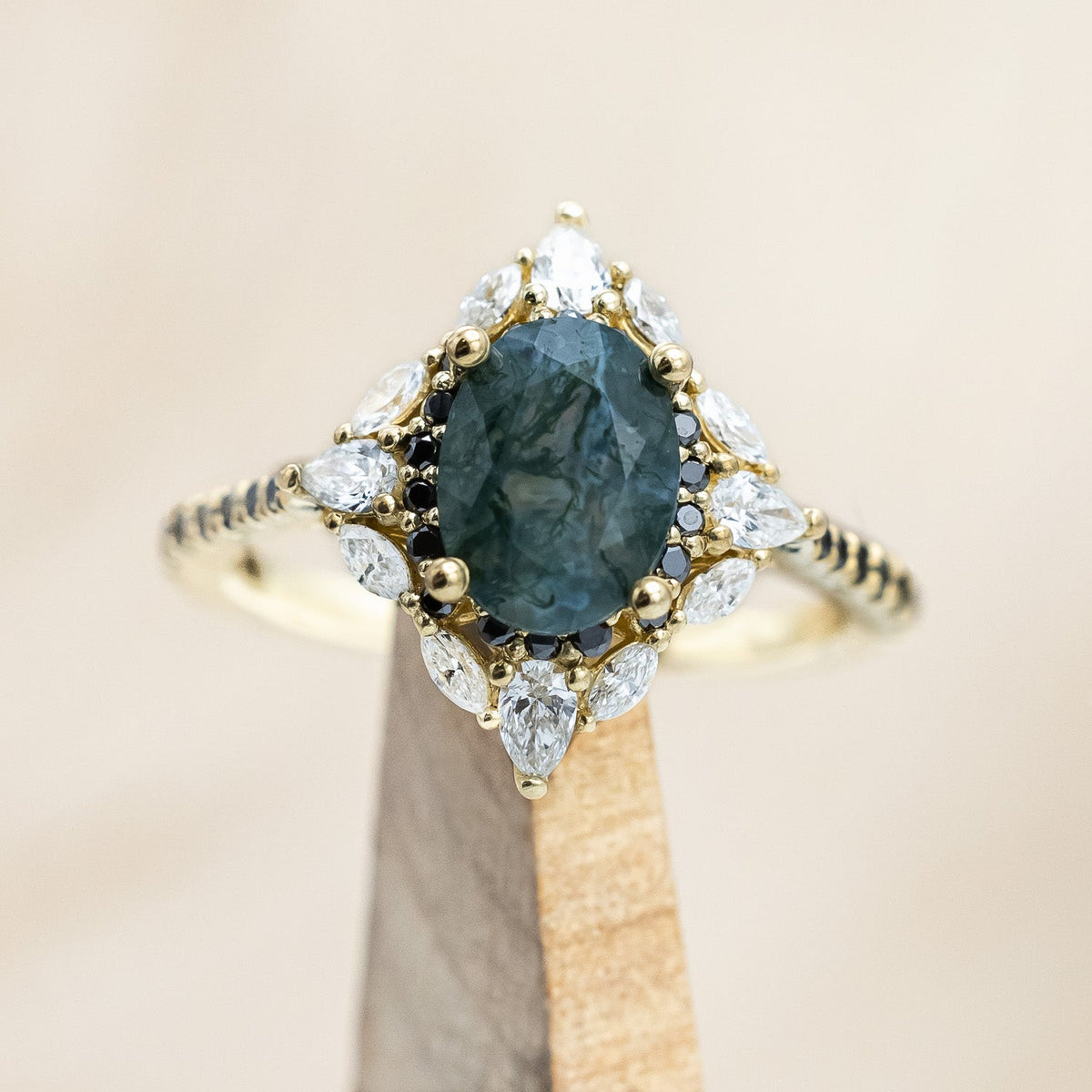 "North Star" - Oval Cut Moss Agate Engagement Ring With A Diamond Tracer