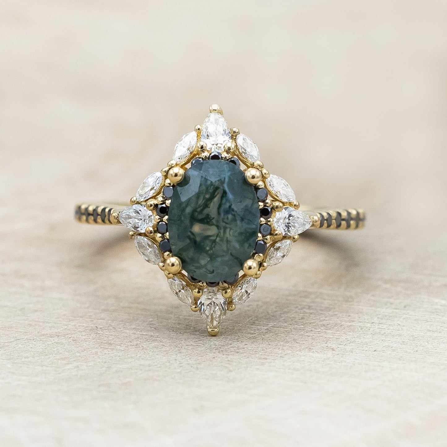 "North Star" - Oval Cut Moss Agate Engagement Ring With A Diamond Tracer