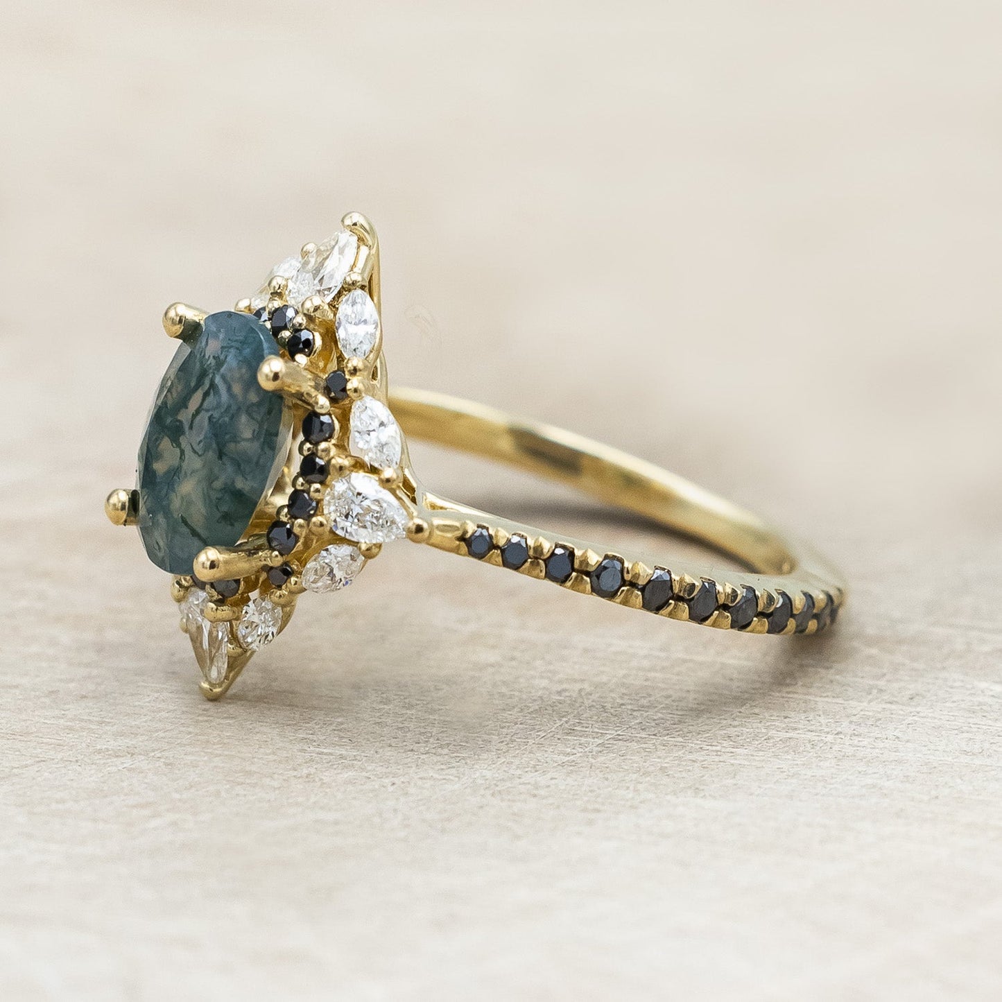 "North Star" - Oval Cut Moss Agate Engagement Ring With A Diamond Tracer