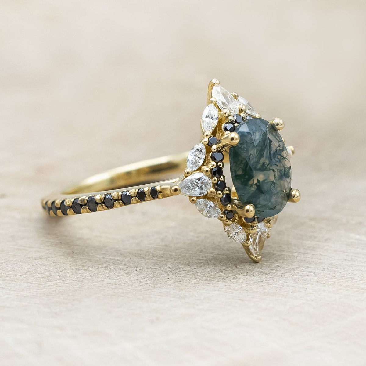 "North Star" - Oval Cut Moss Agate Engagement Ring With A Diamond Tracer