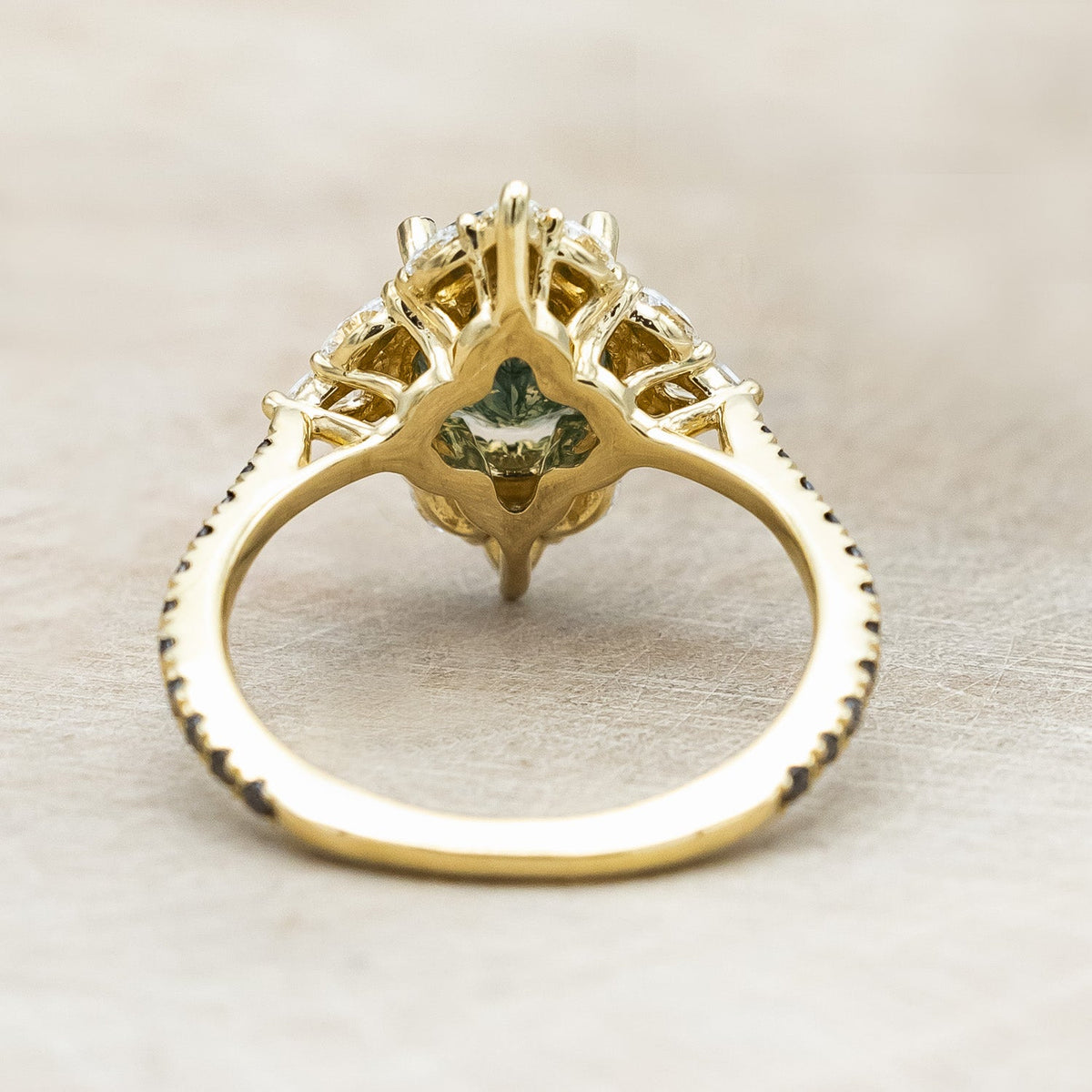 "North Star" - Oval Cut Moss Agate Engagement Ring With A Diamond Tracer